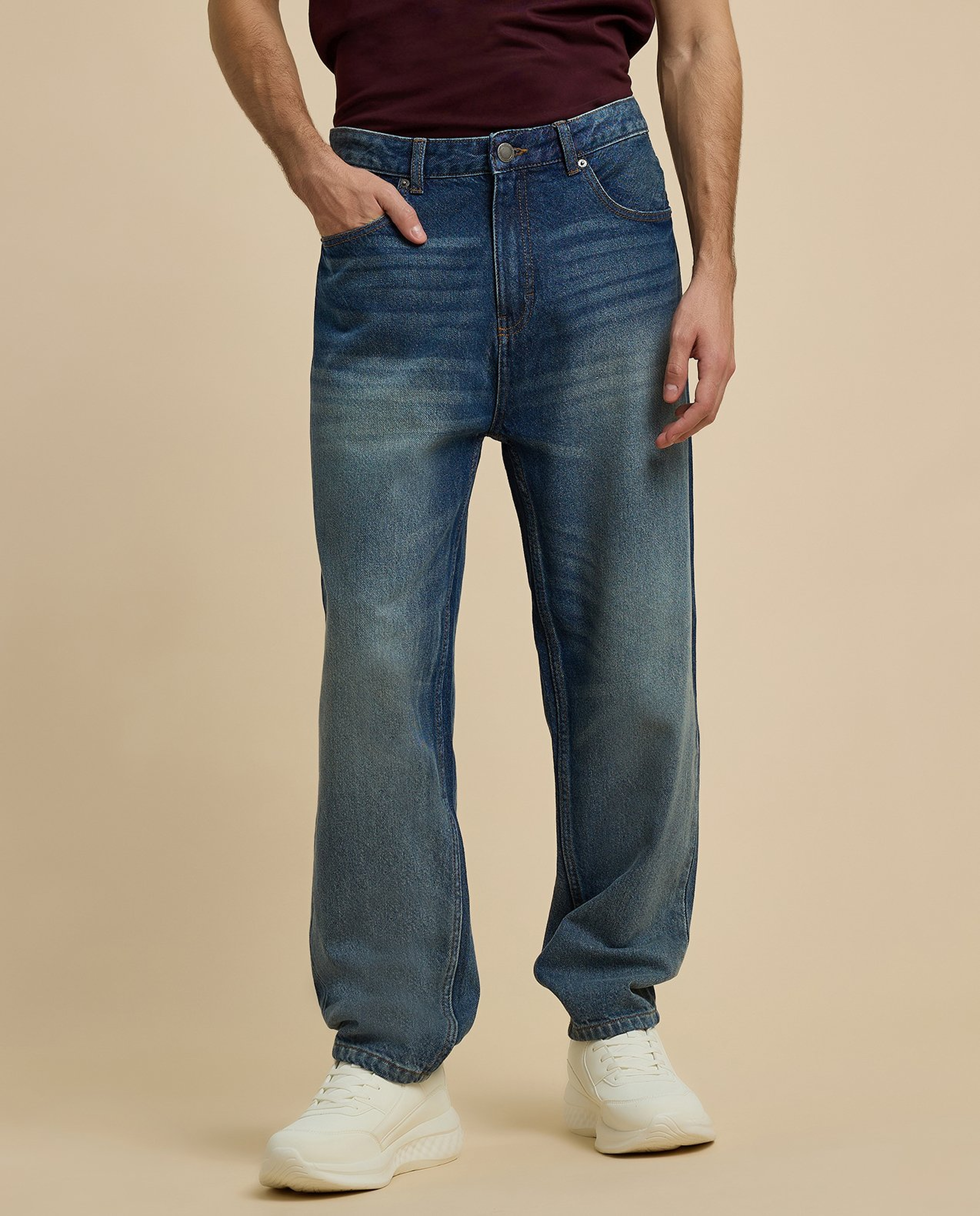 Faded Relaxed Fit Jeans with Button Closure