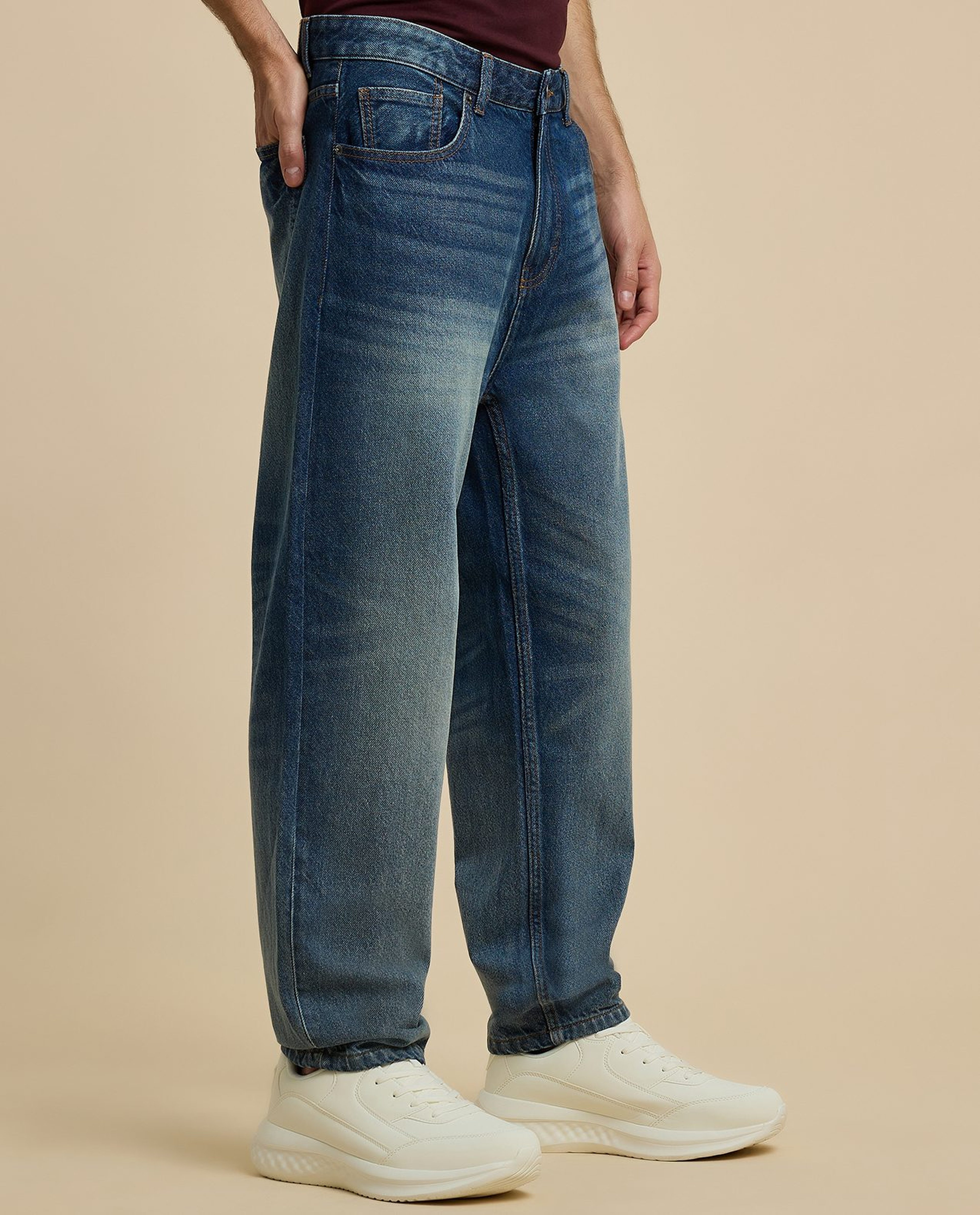 Faded Relaxed Fit Jeans with Button Closure