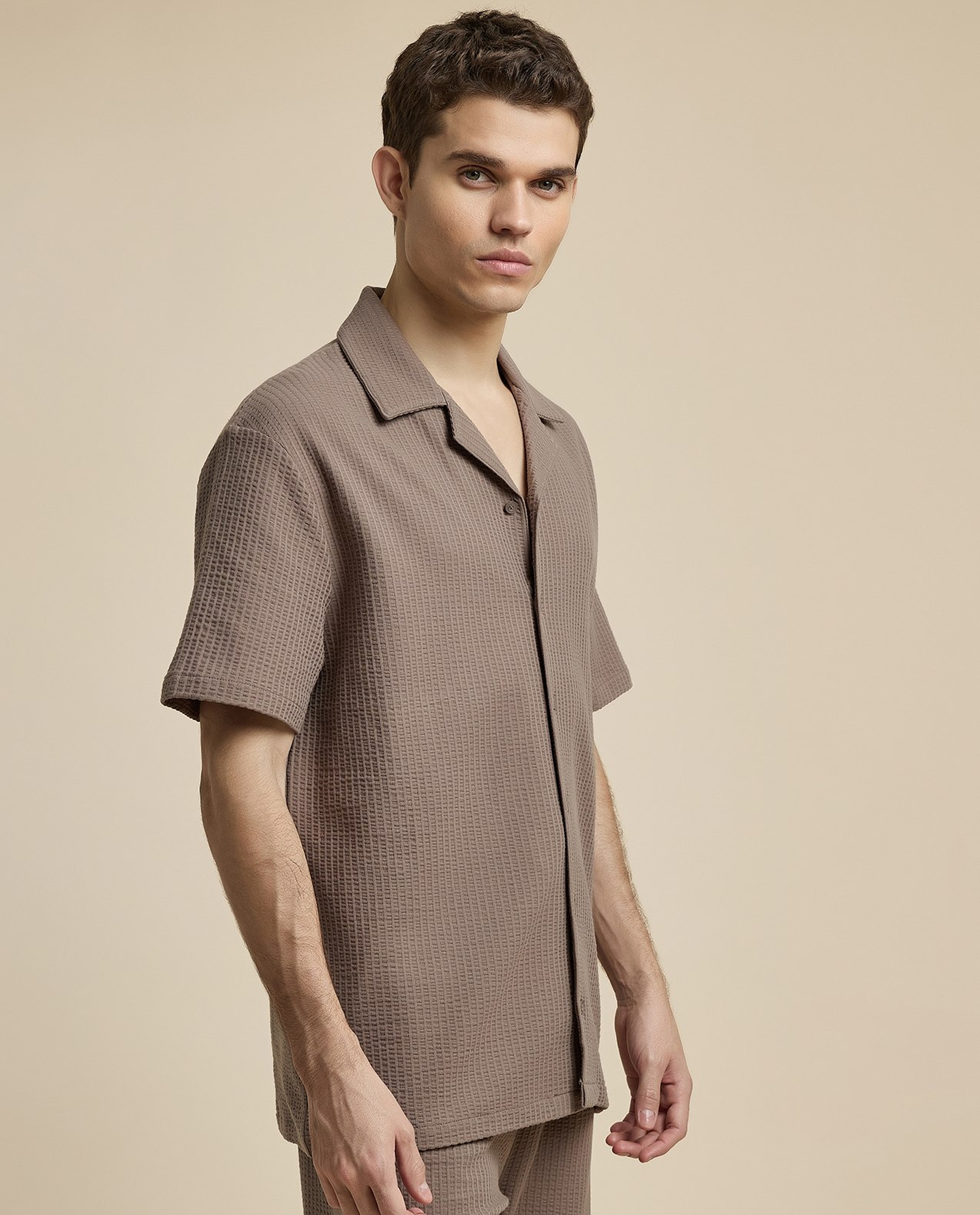Textured Shirt with Revere Collar and Short Sleeves