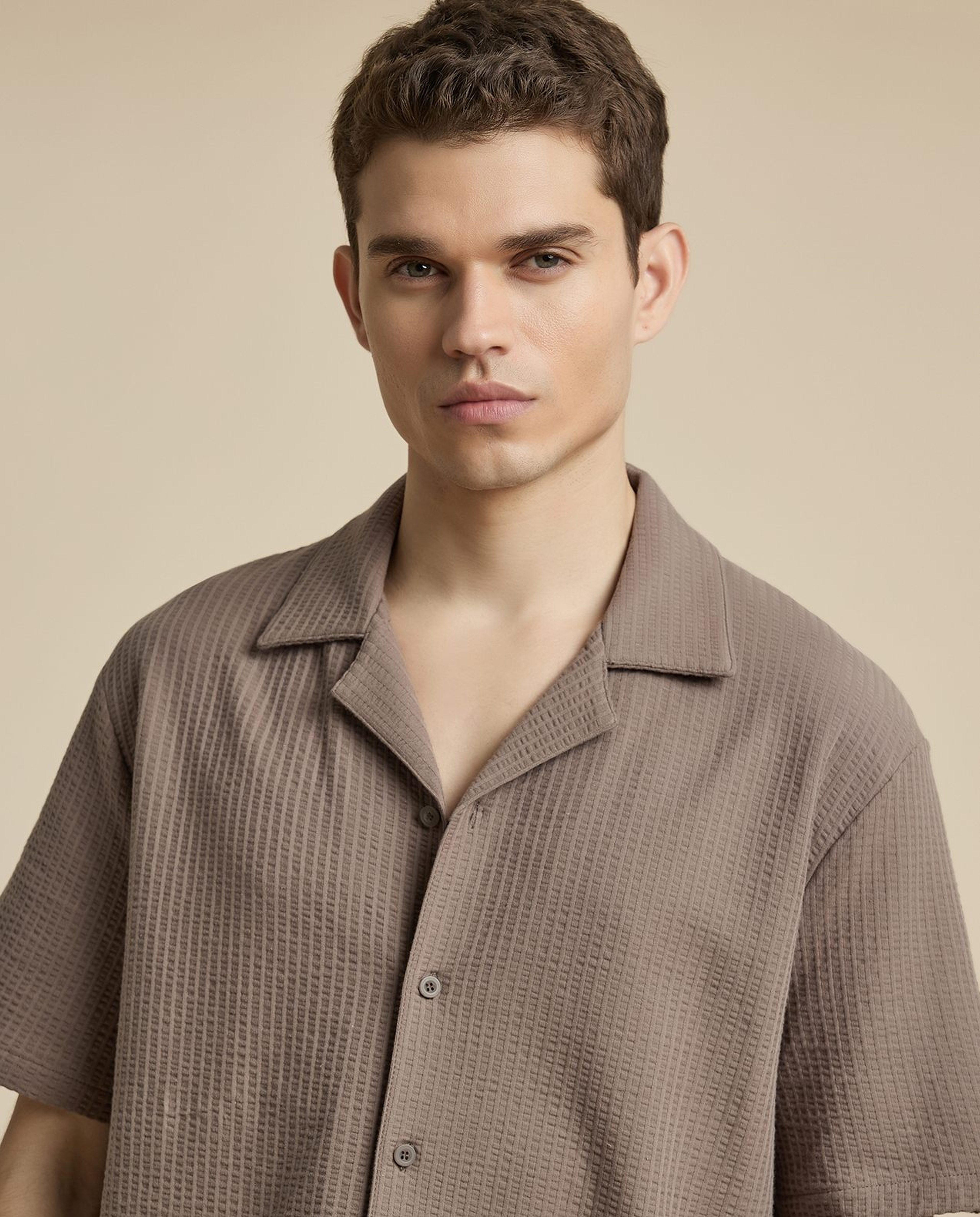 Textured Shirt with Revere Collar and Short Sleeves