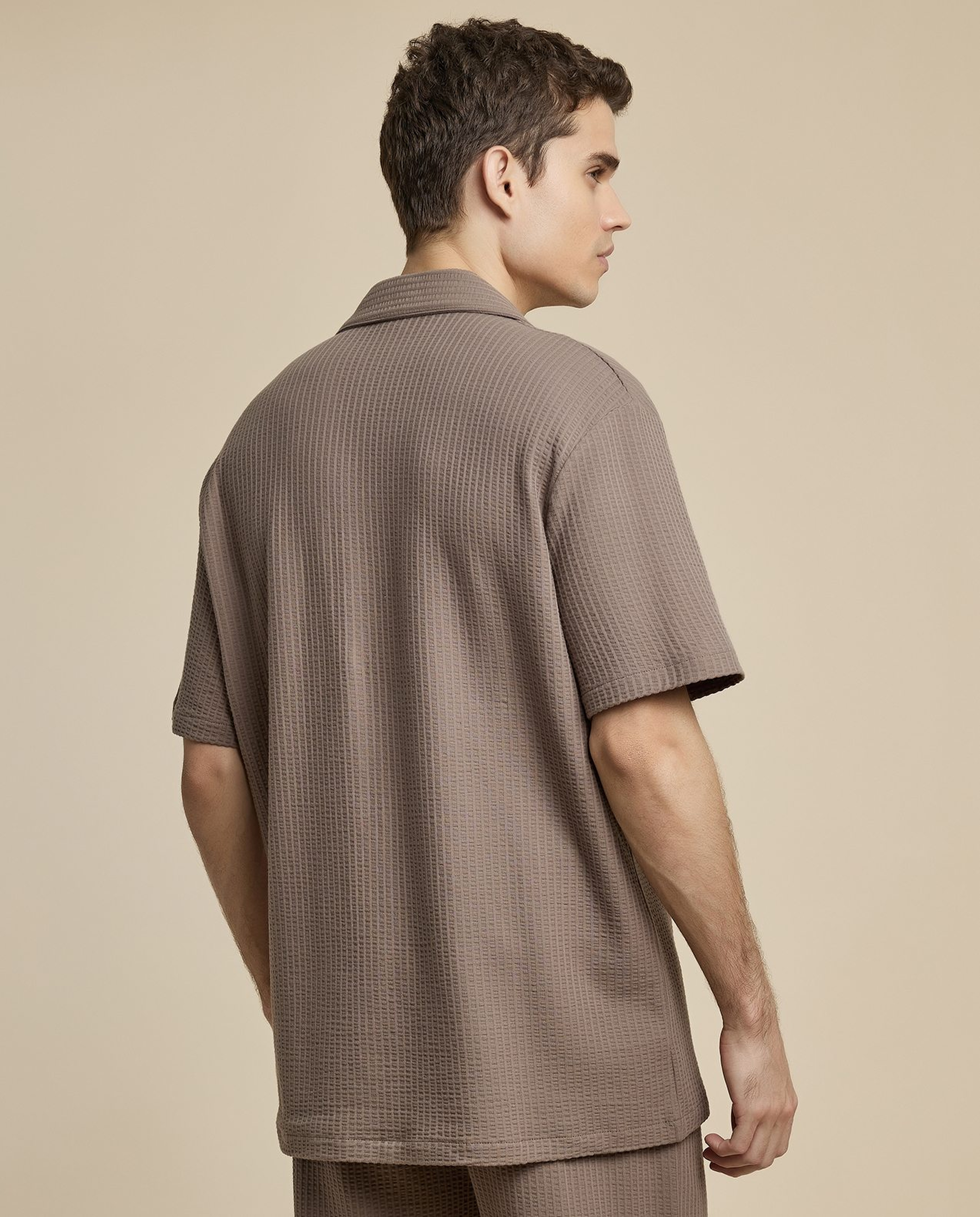 Textured Shirt with Revere Collar and Short Sleeves
