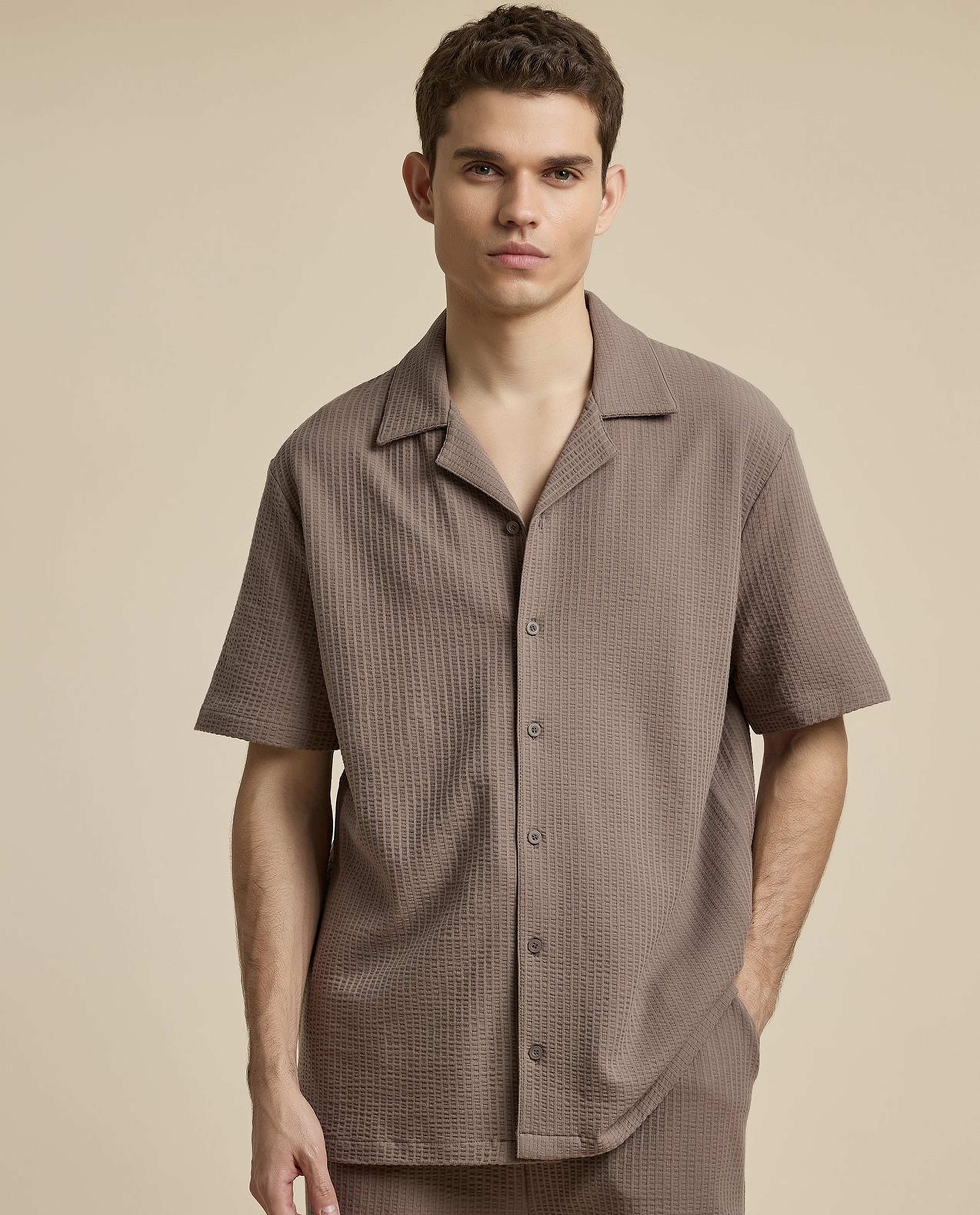 Textured Shirt with Revere Collar and Short Sleeves