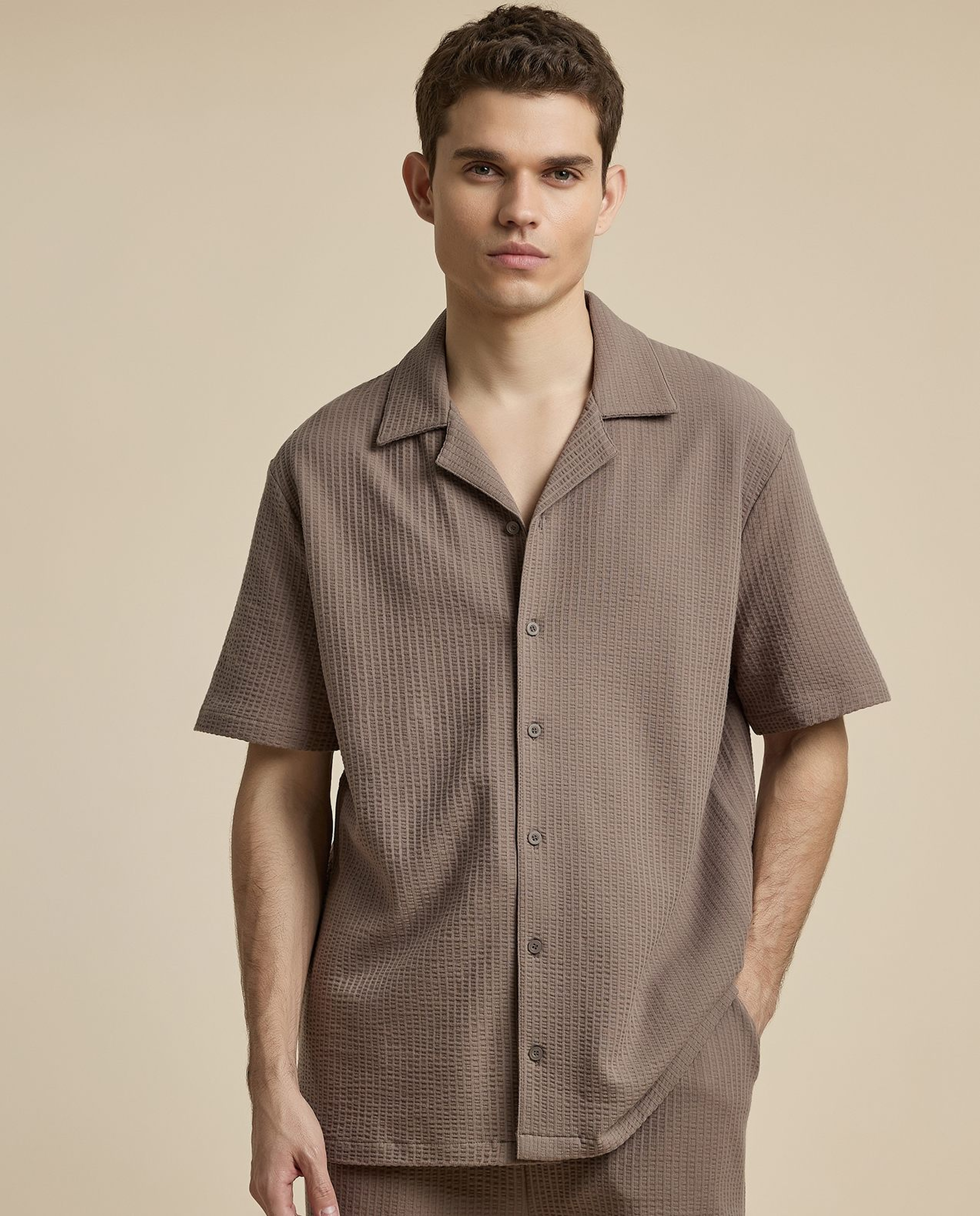 Textured Shirt with Revere Collar and Short Sleeves