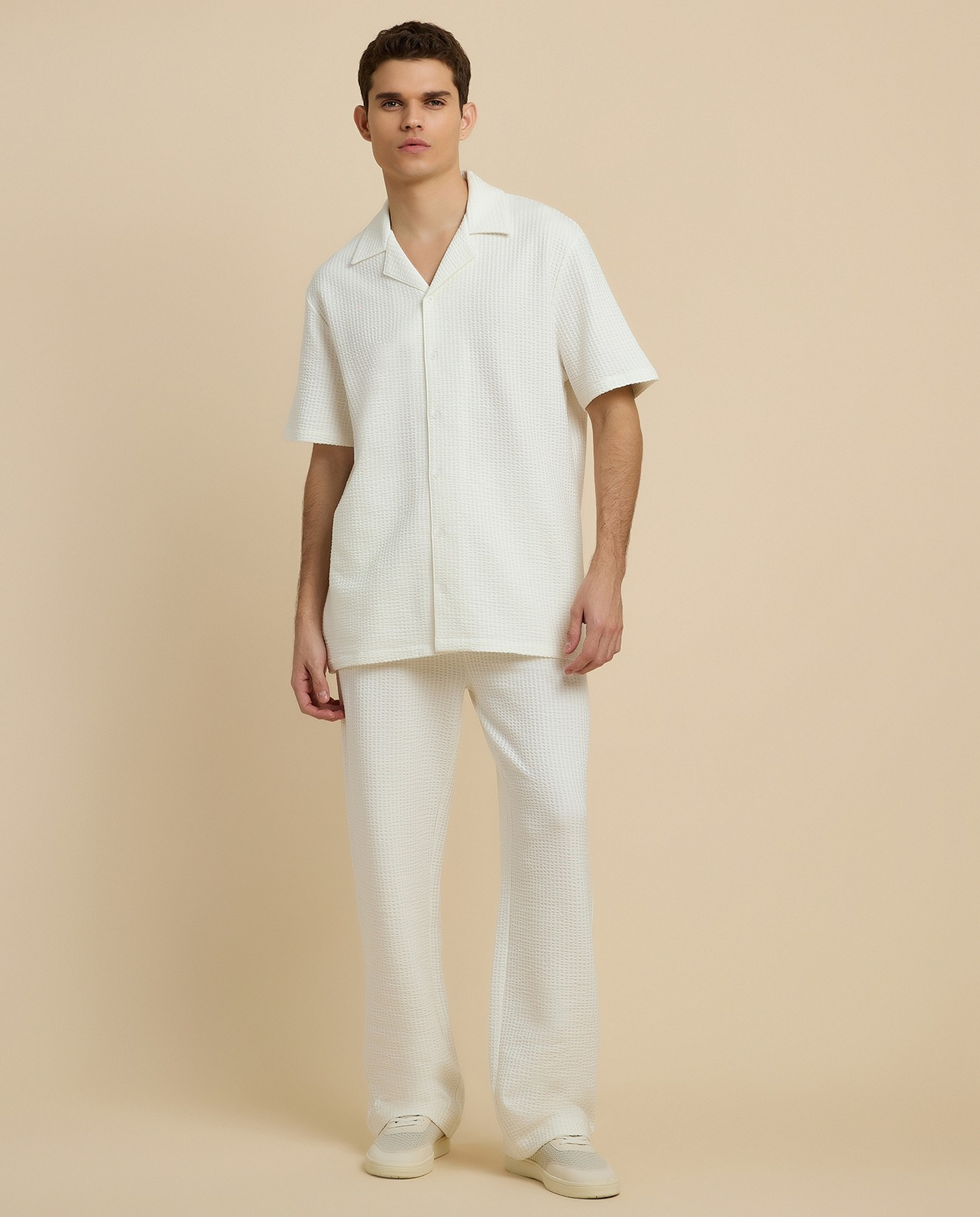 Textured Shirt with Revere Collar and Short Sleeves