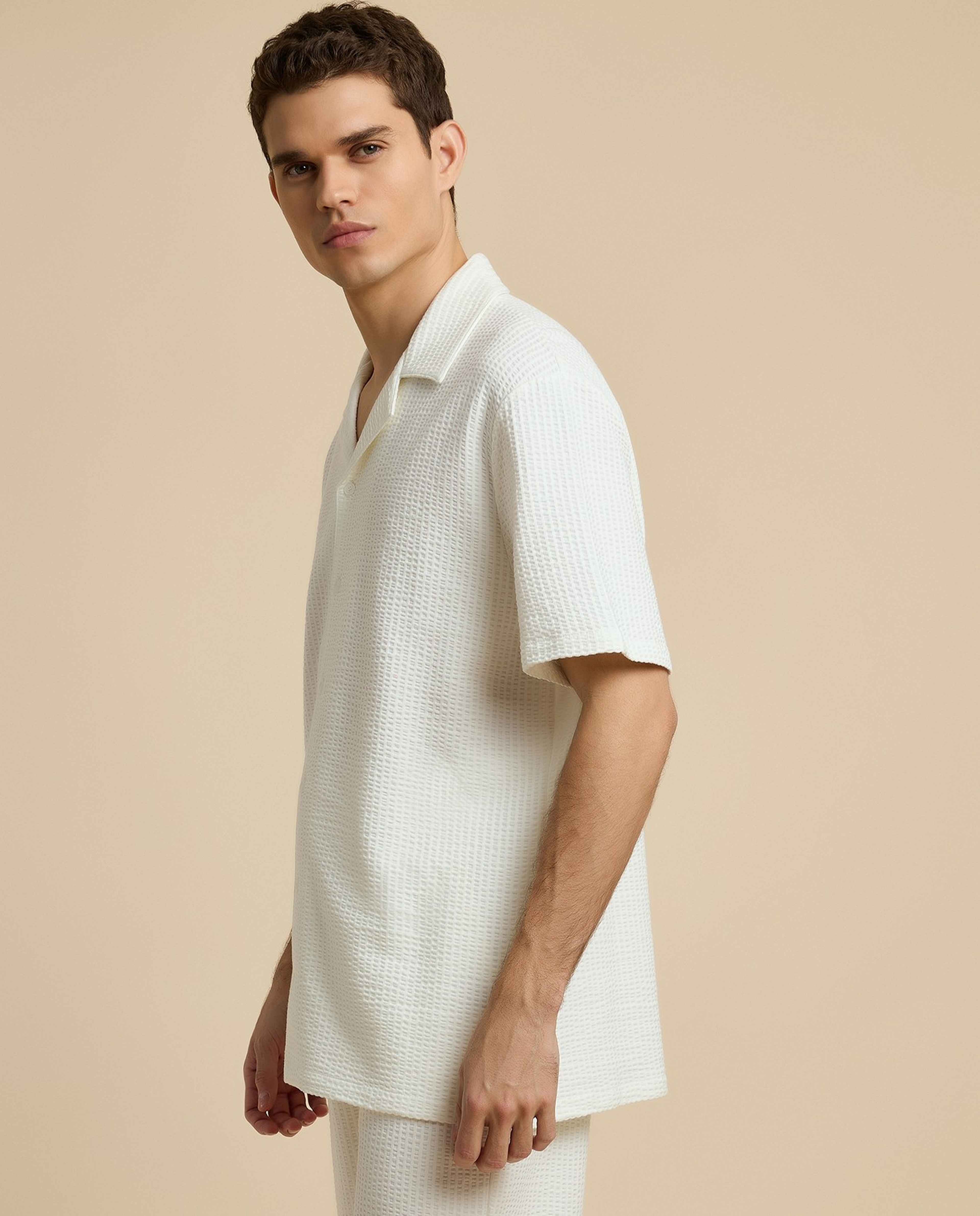 Textured Shirt with Revere Collar and Short Sleeves
