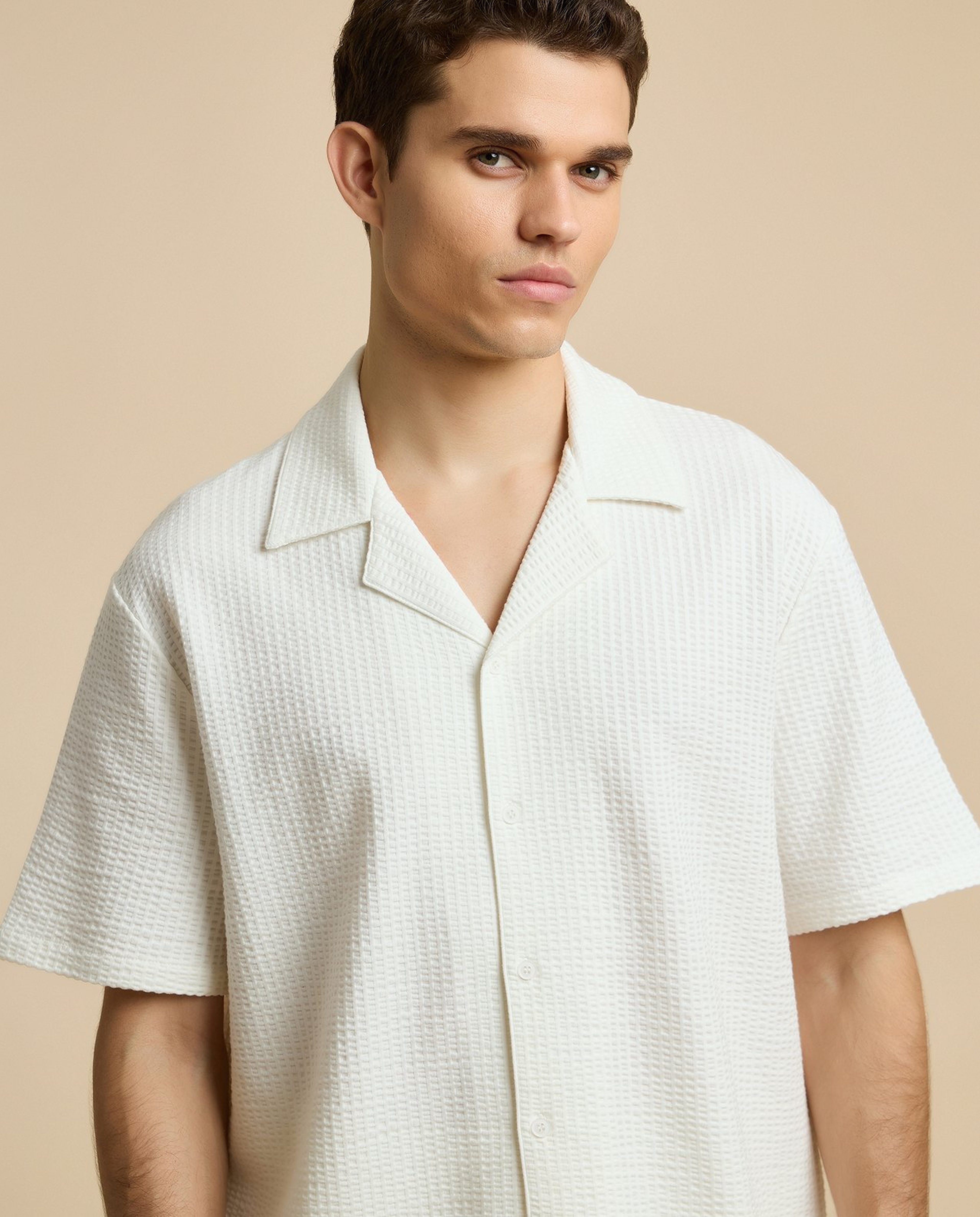 Textured Shirt with Revere Collar and Short Sleeves