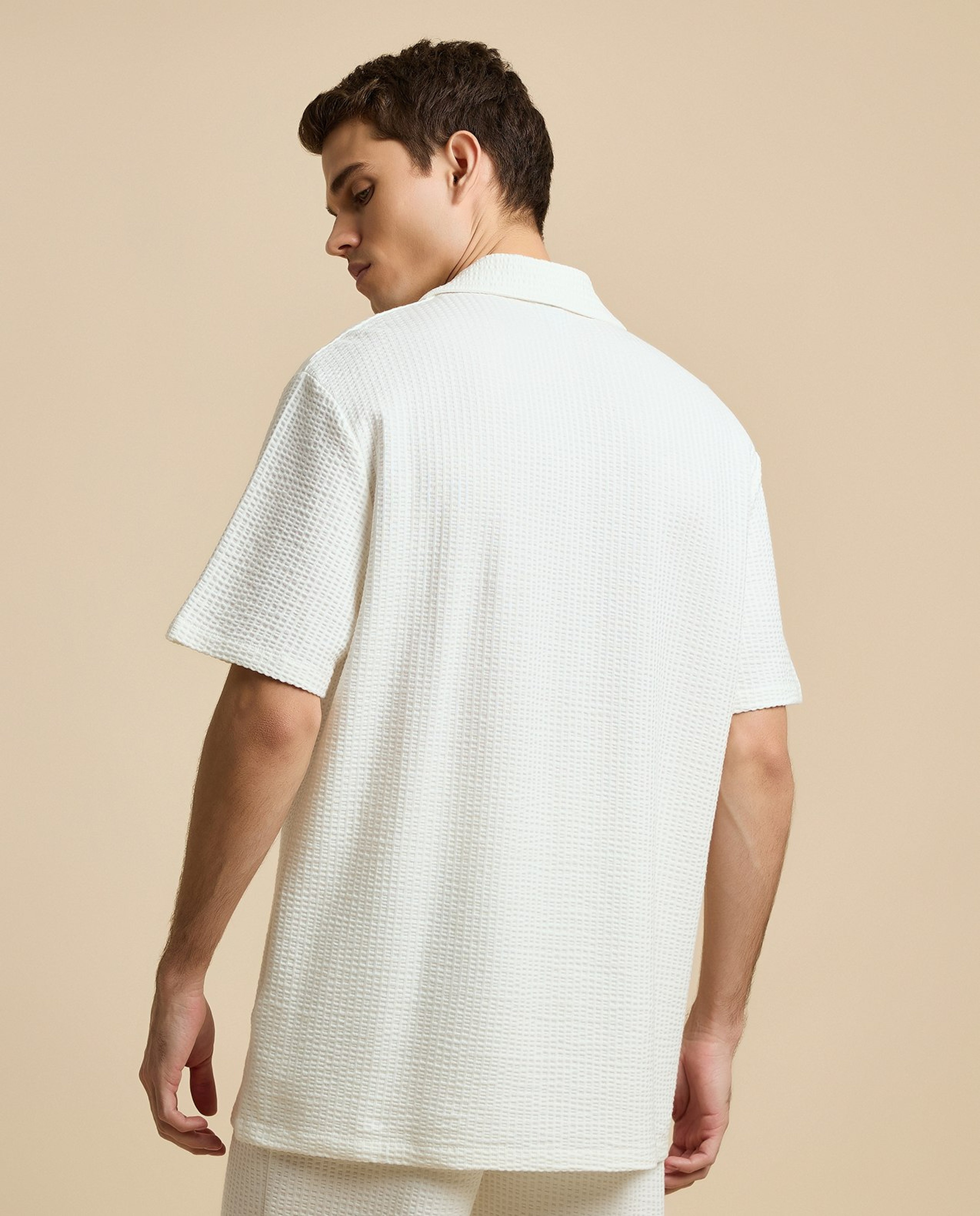 Textured Shirt with Revere Collar and Short Sleeves