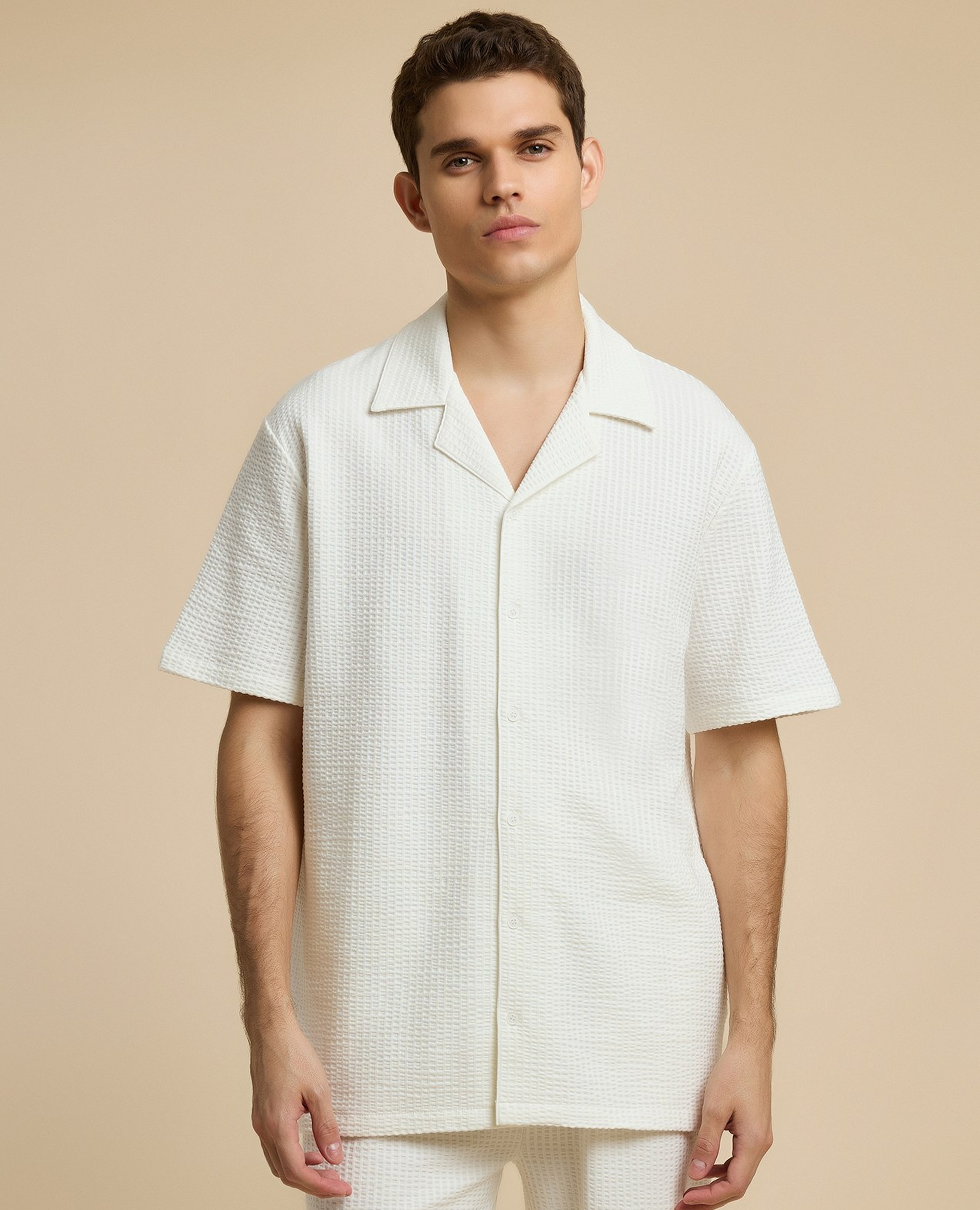 Textured Shirt with Revere Collar and Short Sleeves