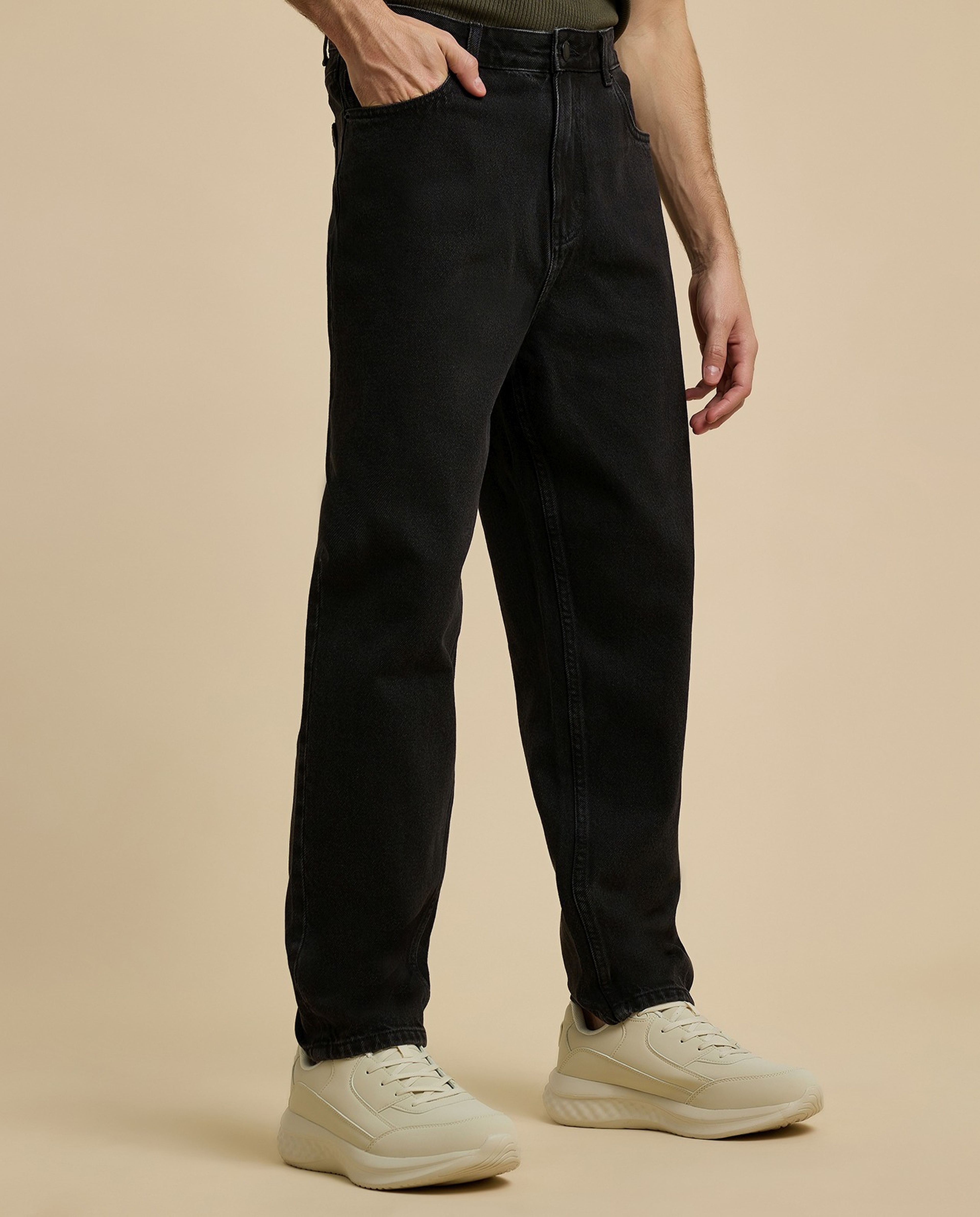 Solid Relaxed Fit Jeans with Button Closure