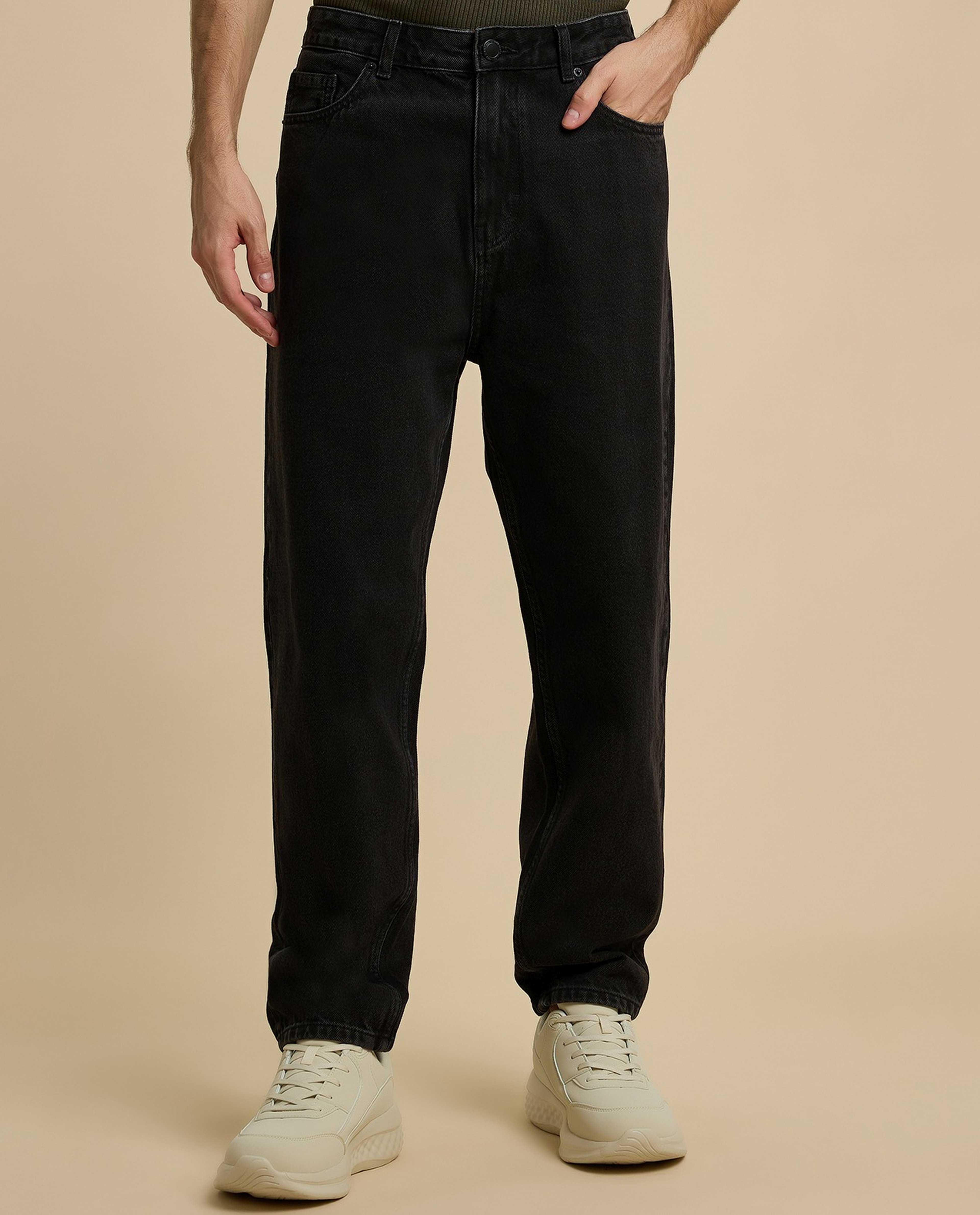 Solid Relaxed Fit Jeans with Button Closure