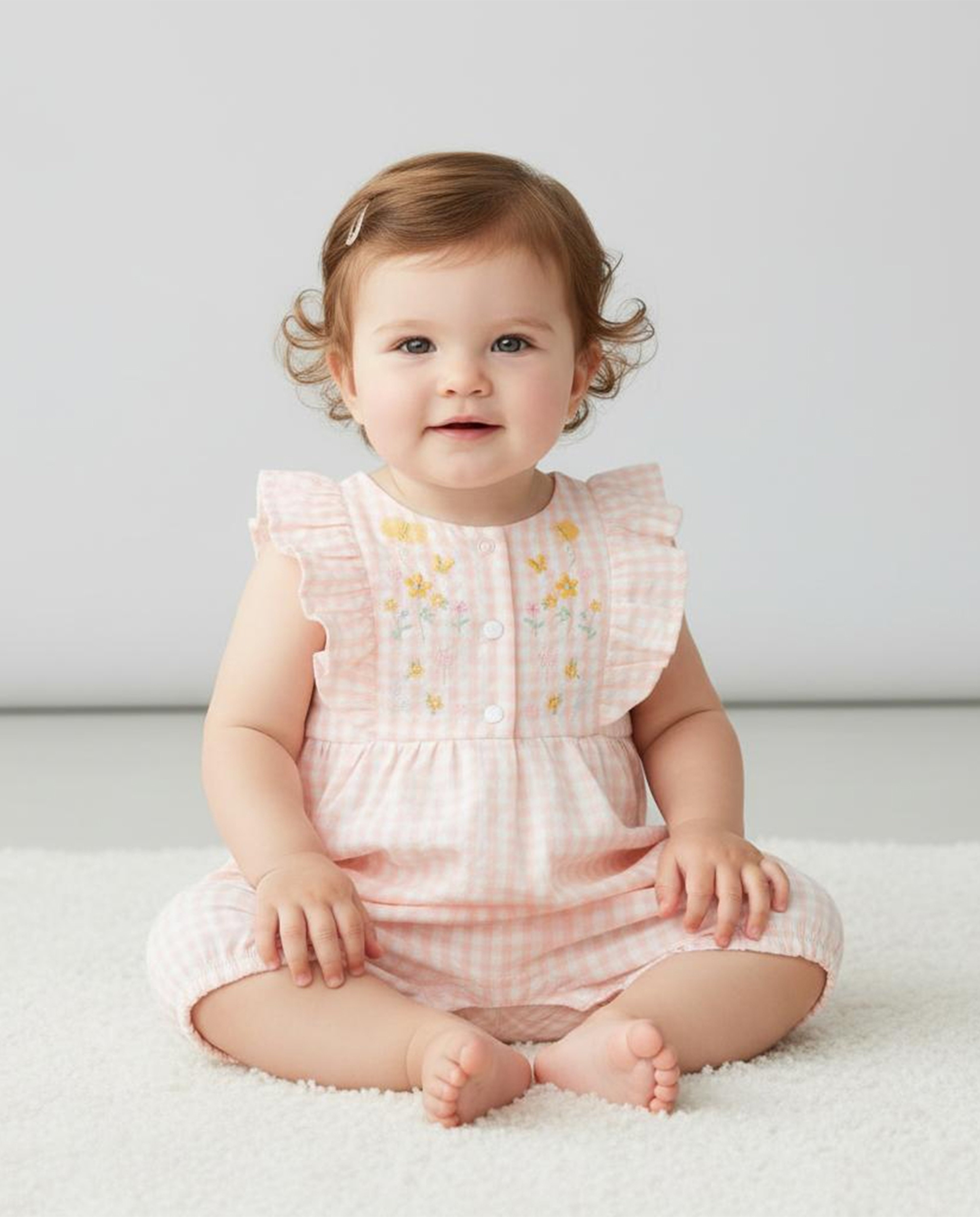 Embroidered Rompers with Crew Neck and Ruffled Sleeves