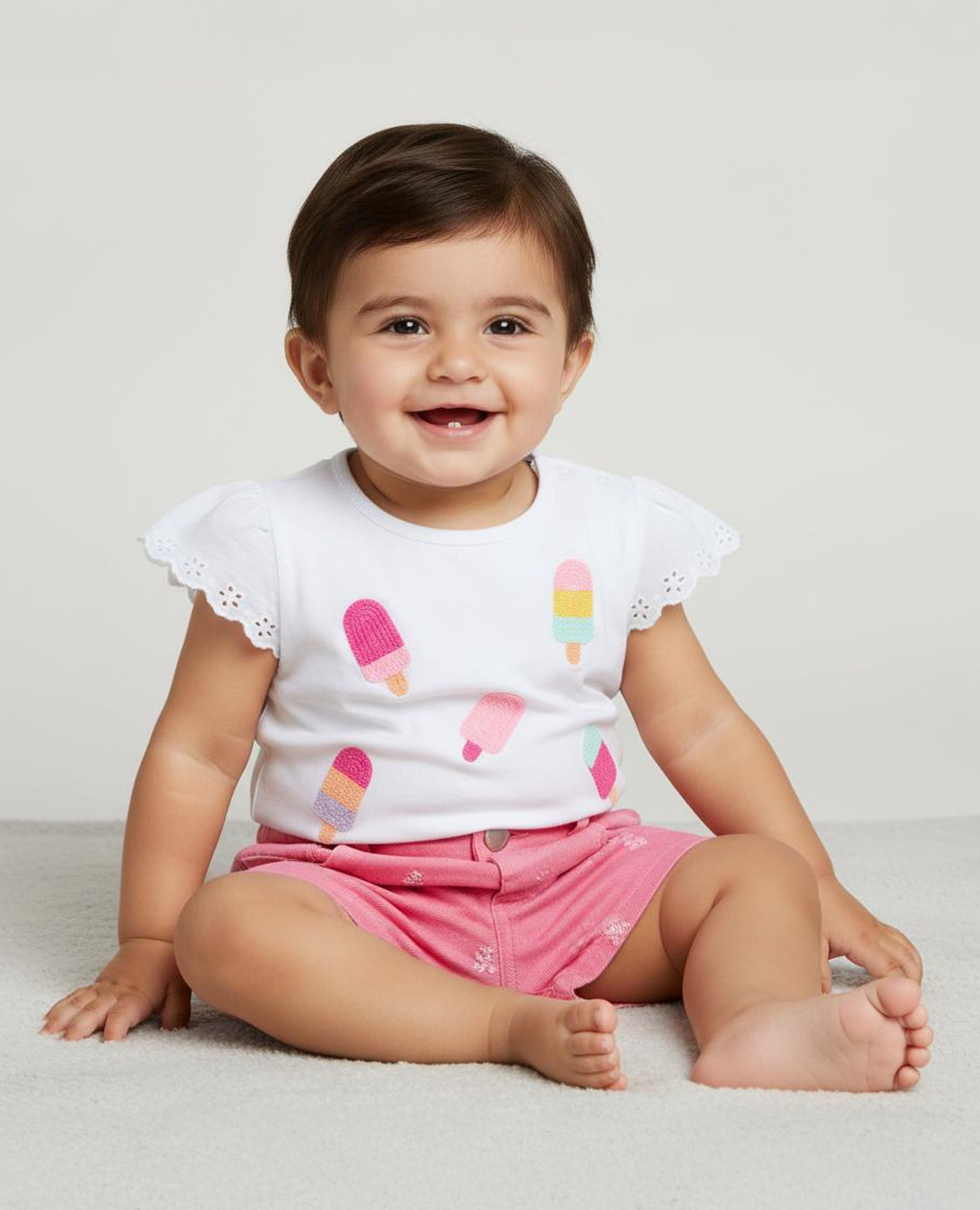 تيشيرت مطرز بياقة مستديرة وأكمام كاب