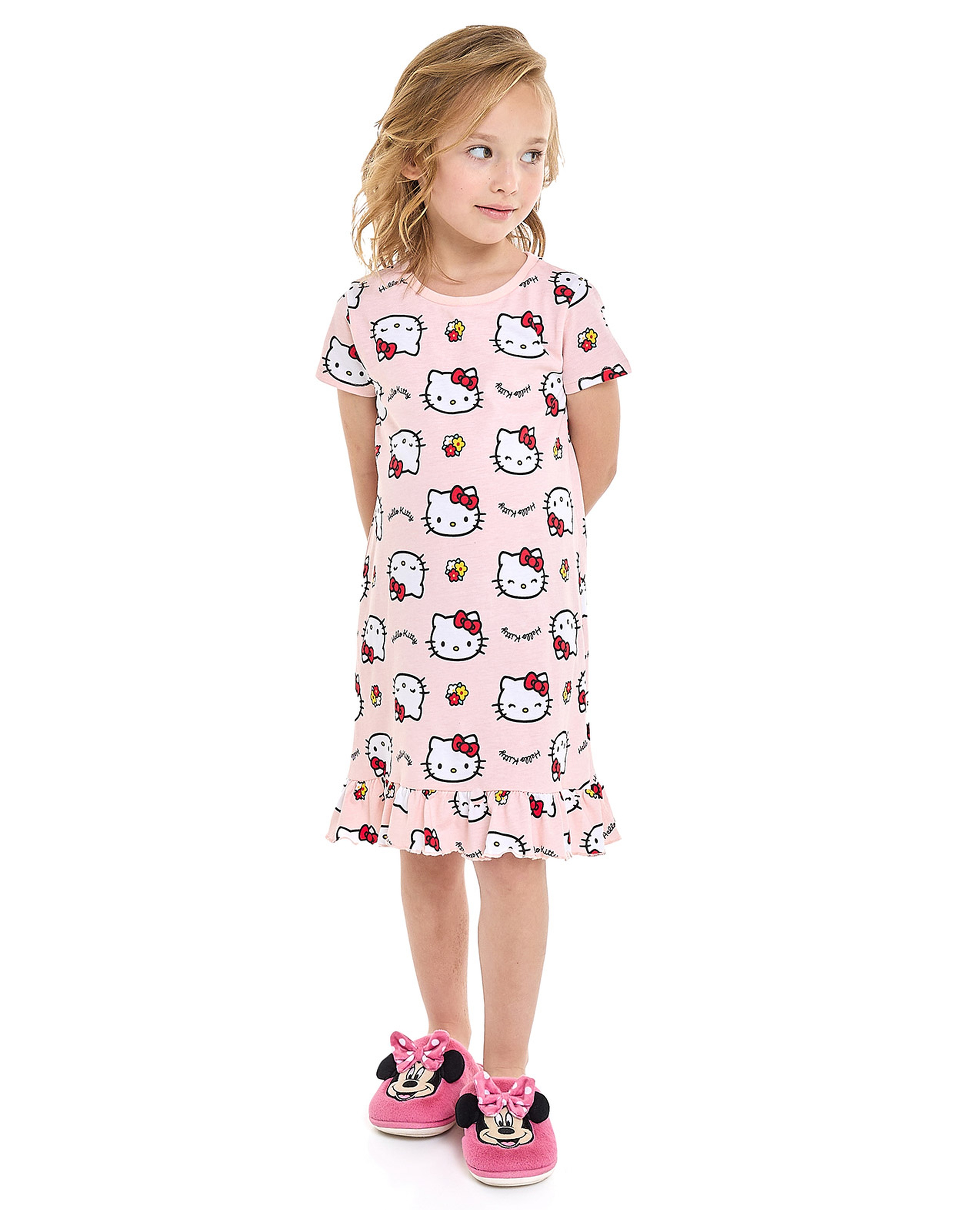 Hello Kitty Printed Nightdress with Crew Neck and Short Sleeves
