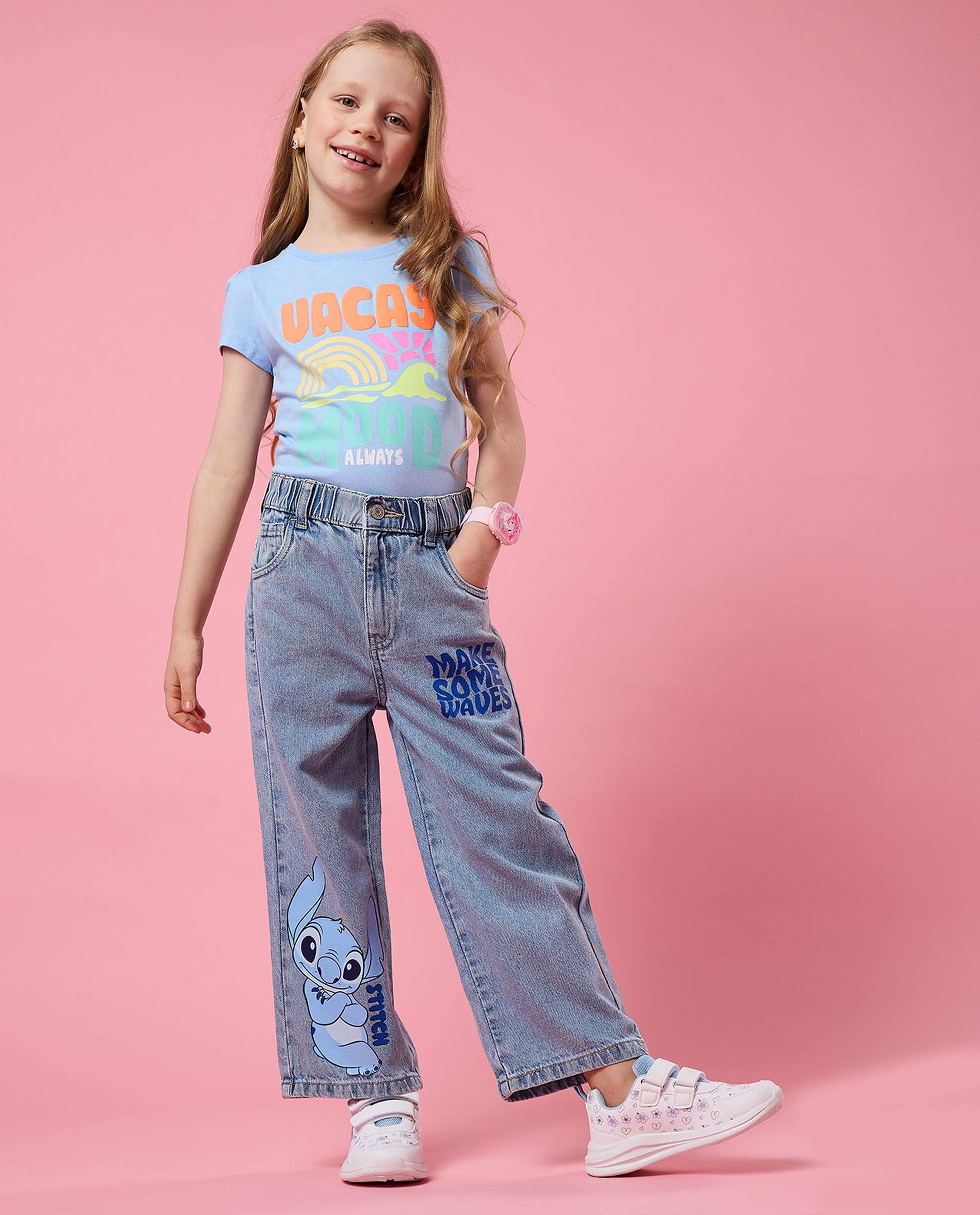 Stitch Printed Wide Leg Jeans with Button Closure