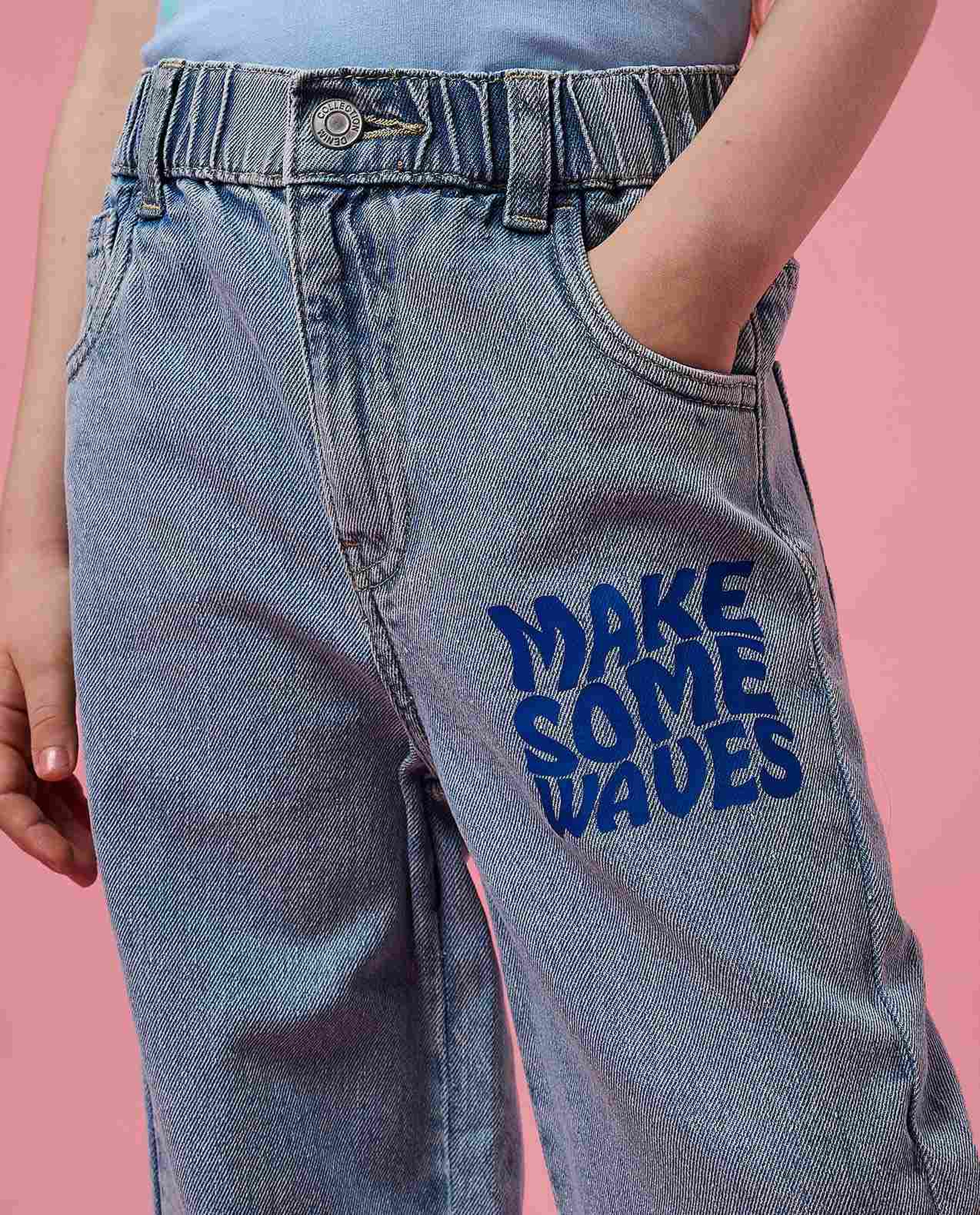 Stitch Printed Wide Leg Jeans with Button Closure