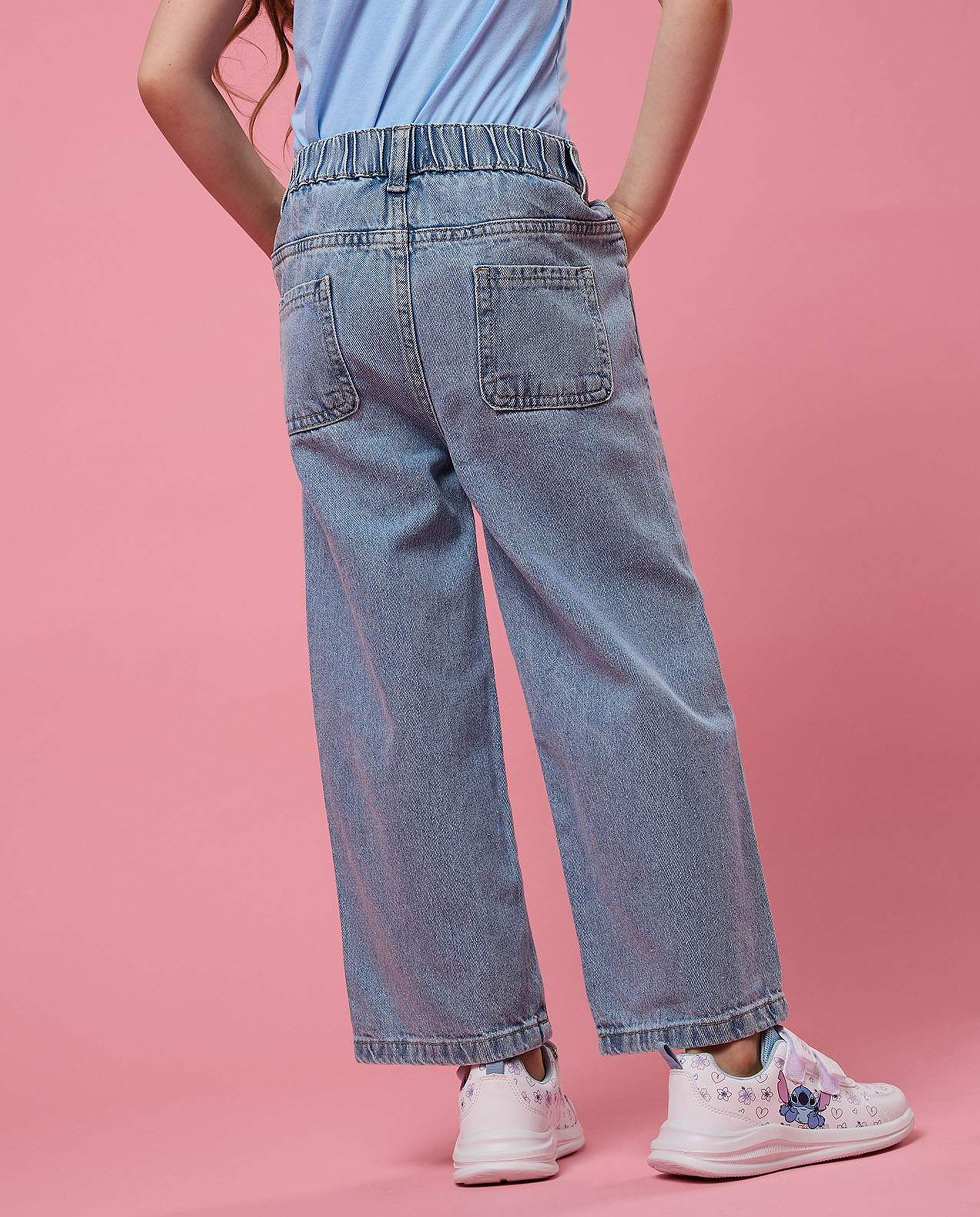 Stitch Printed Wide Leg Jeans with Button Closure