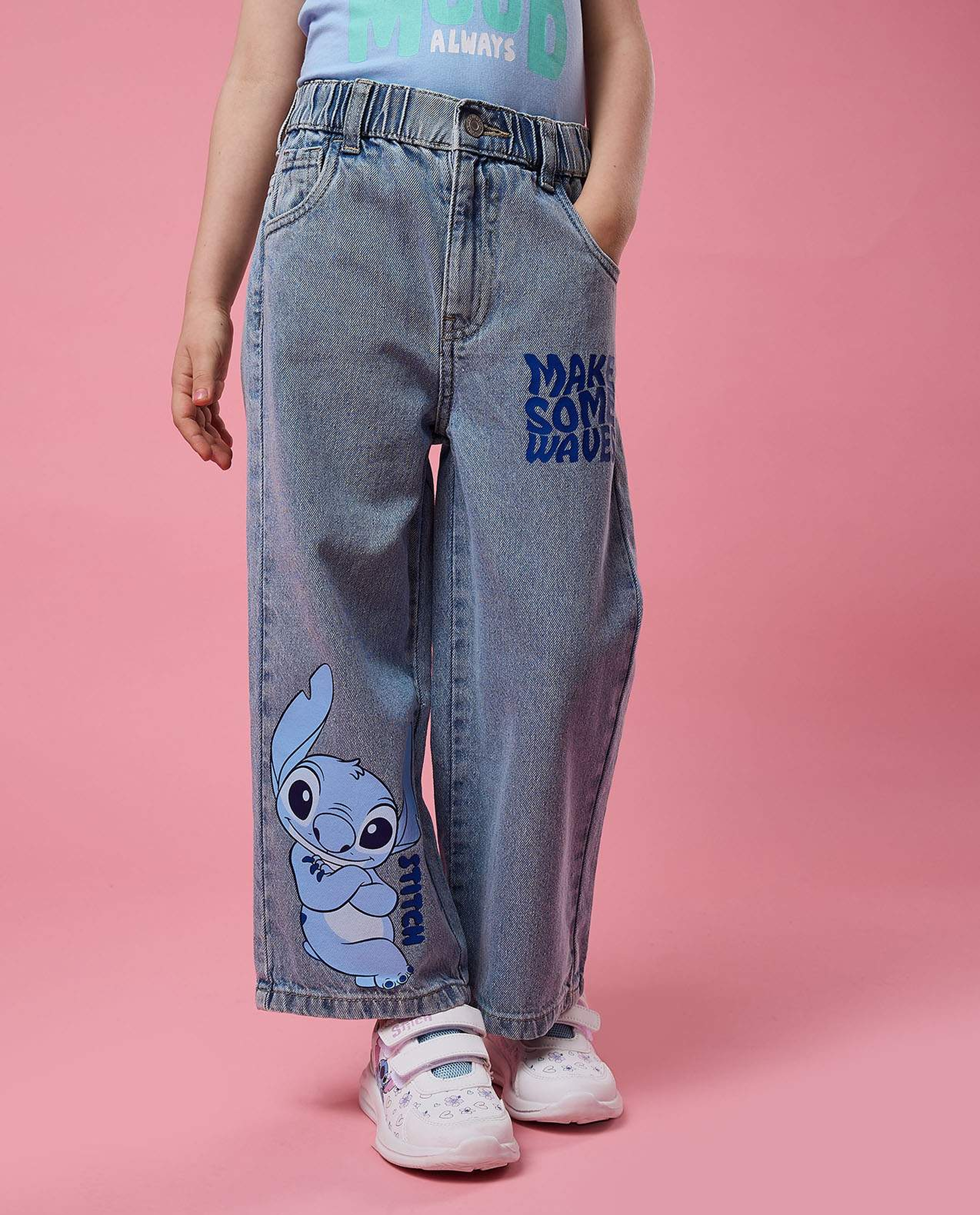 Stitch Printed Wide Leg Jeans with Button Closure