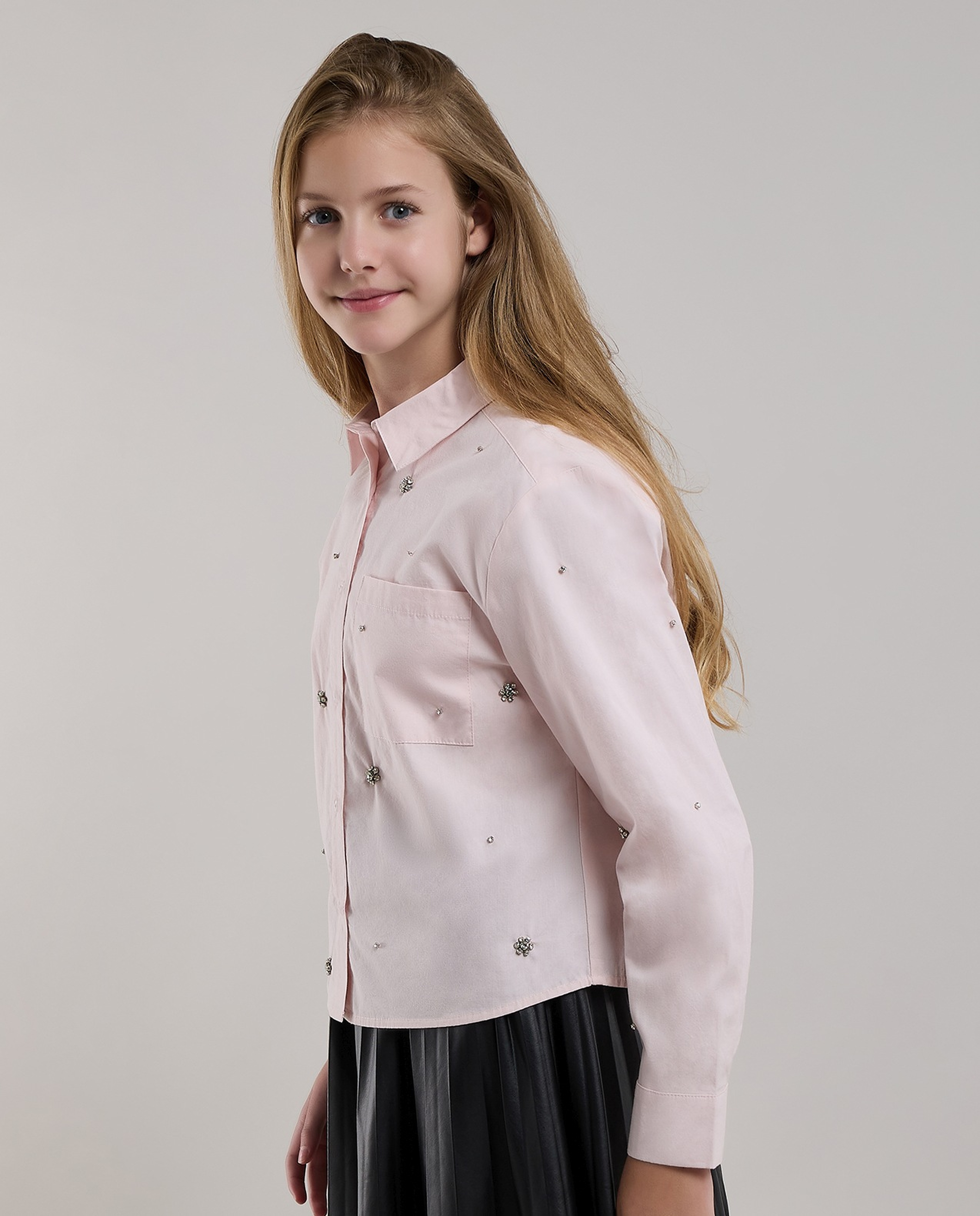 Embellished Shirt with Classic Collar and Long Sleeves
