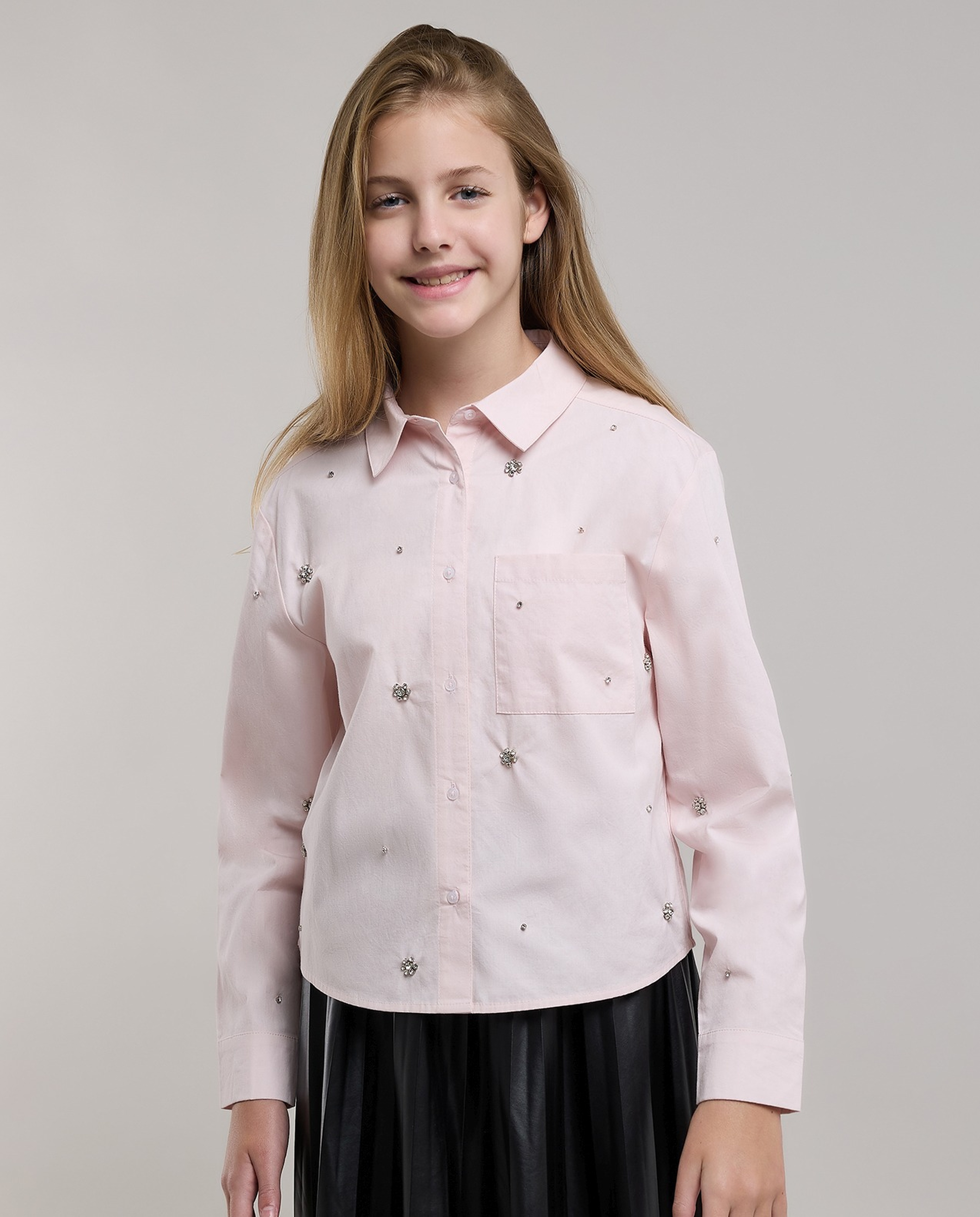 Embellished Shirt with Classic Collar and Long Sleeves
