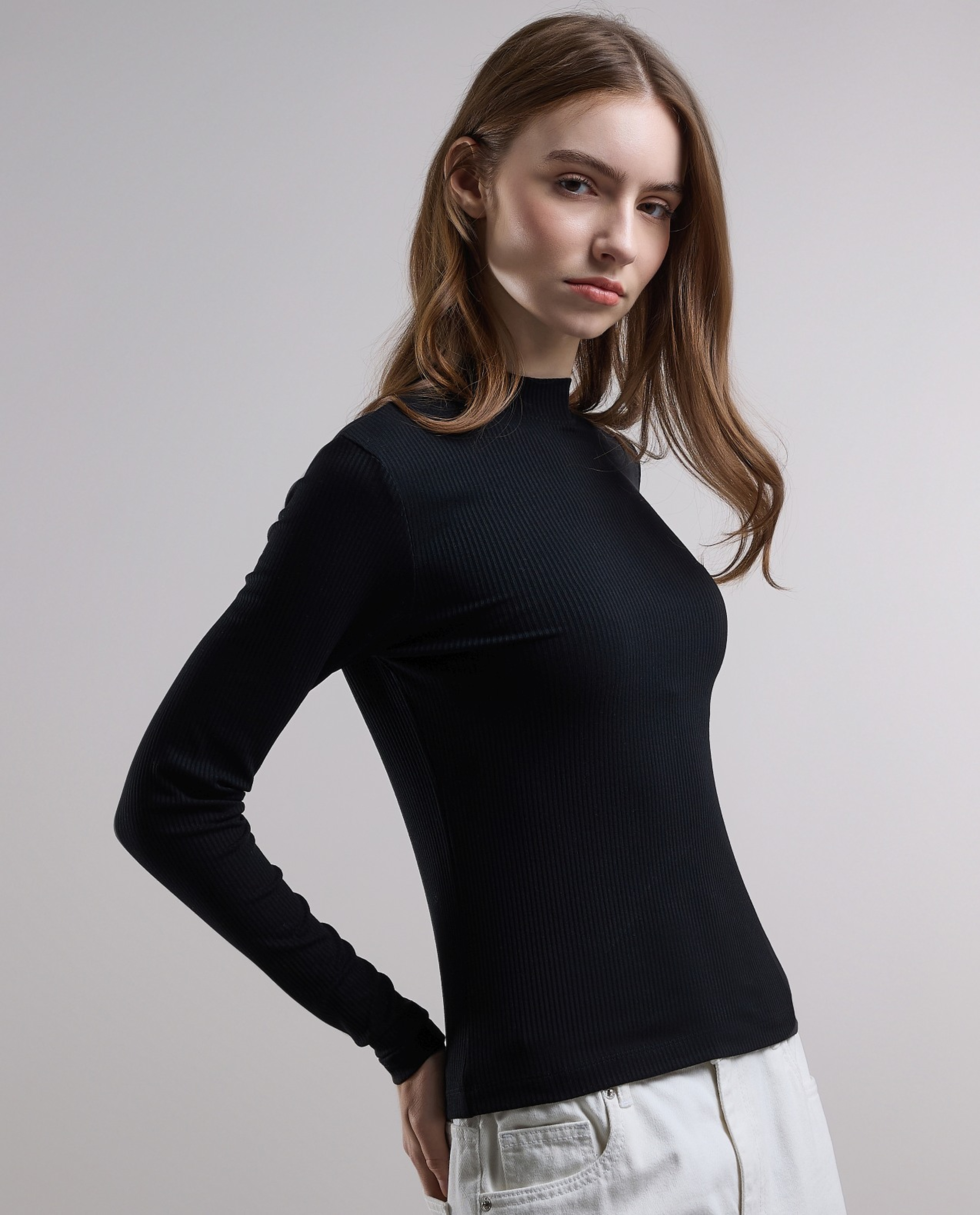 Ribbed Top with High Neck and Long Sleeves