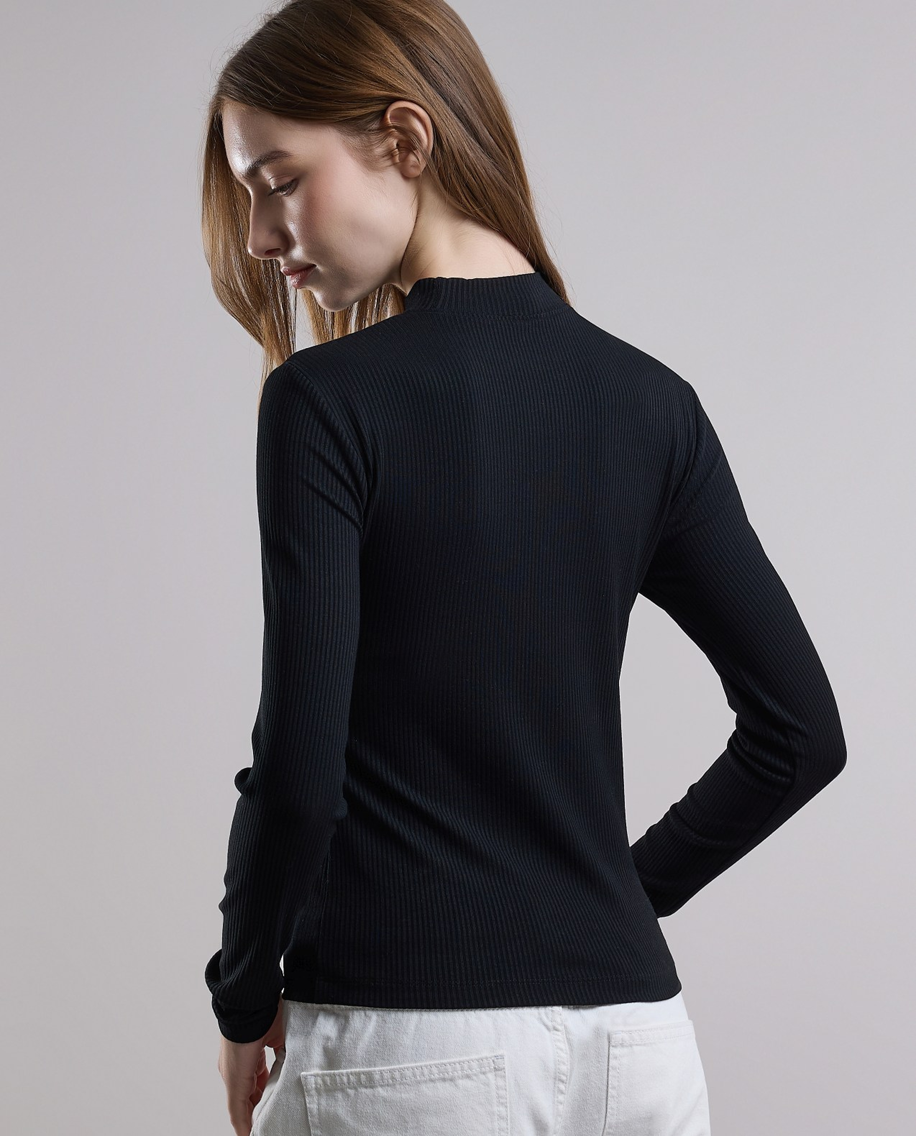 Ribbed Top with High Neck and Long Sleeves