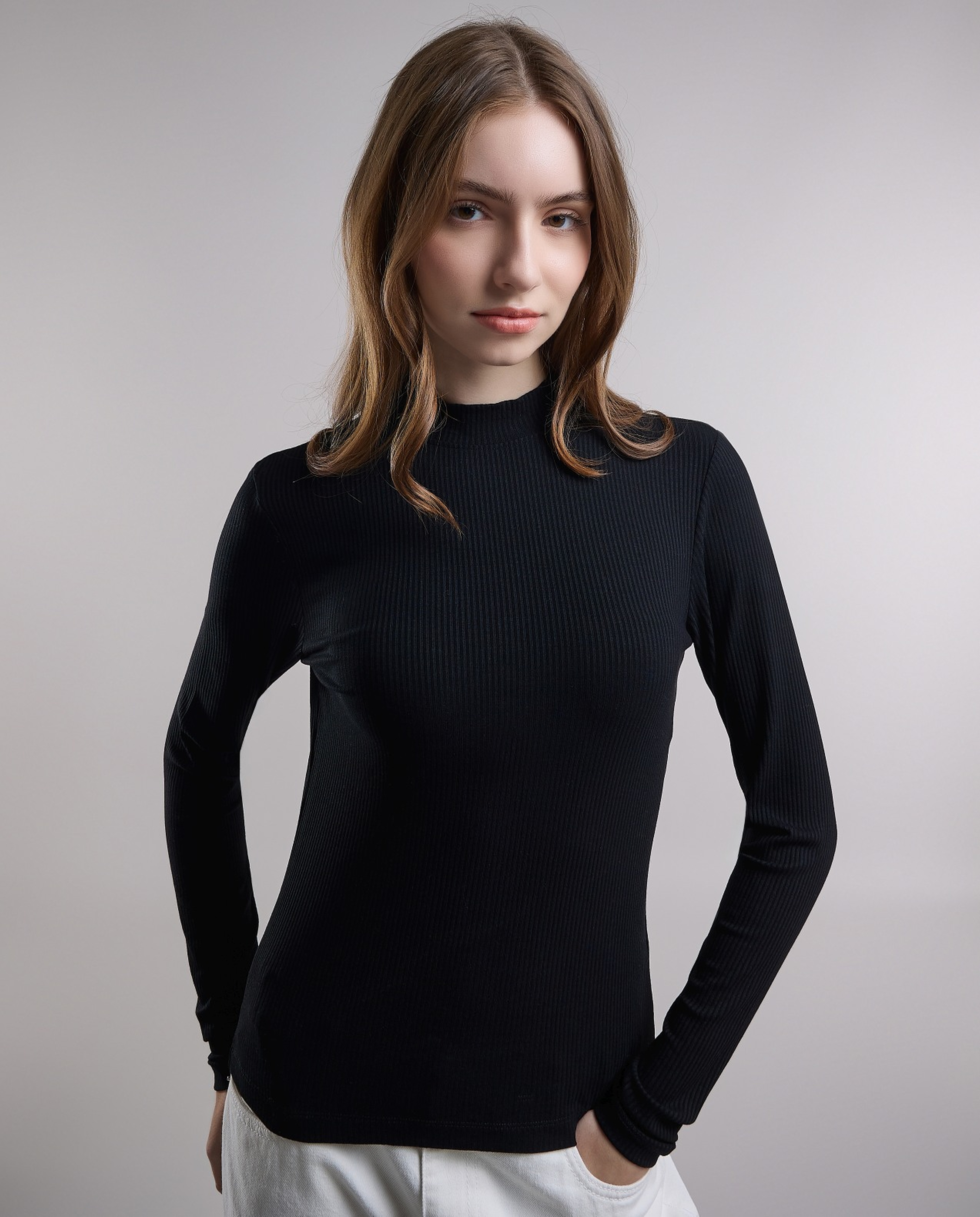 Ribbed Top with High Neck and Long Sleeves