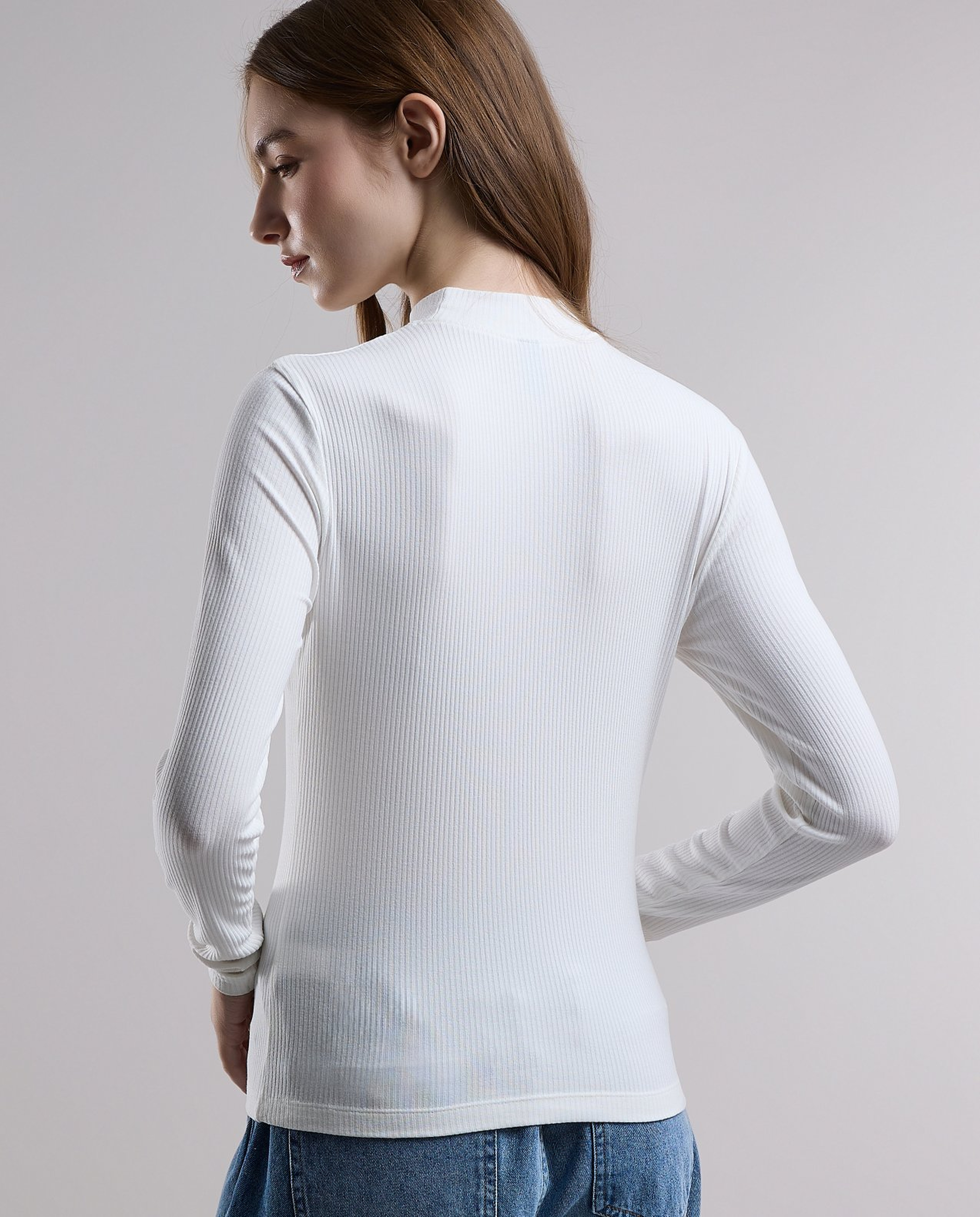 Ribbed Top with High Neck and Long Sleeves
