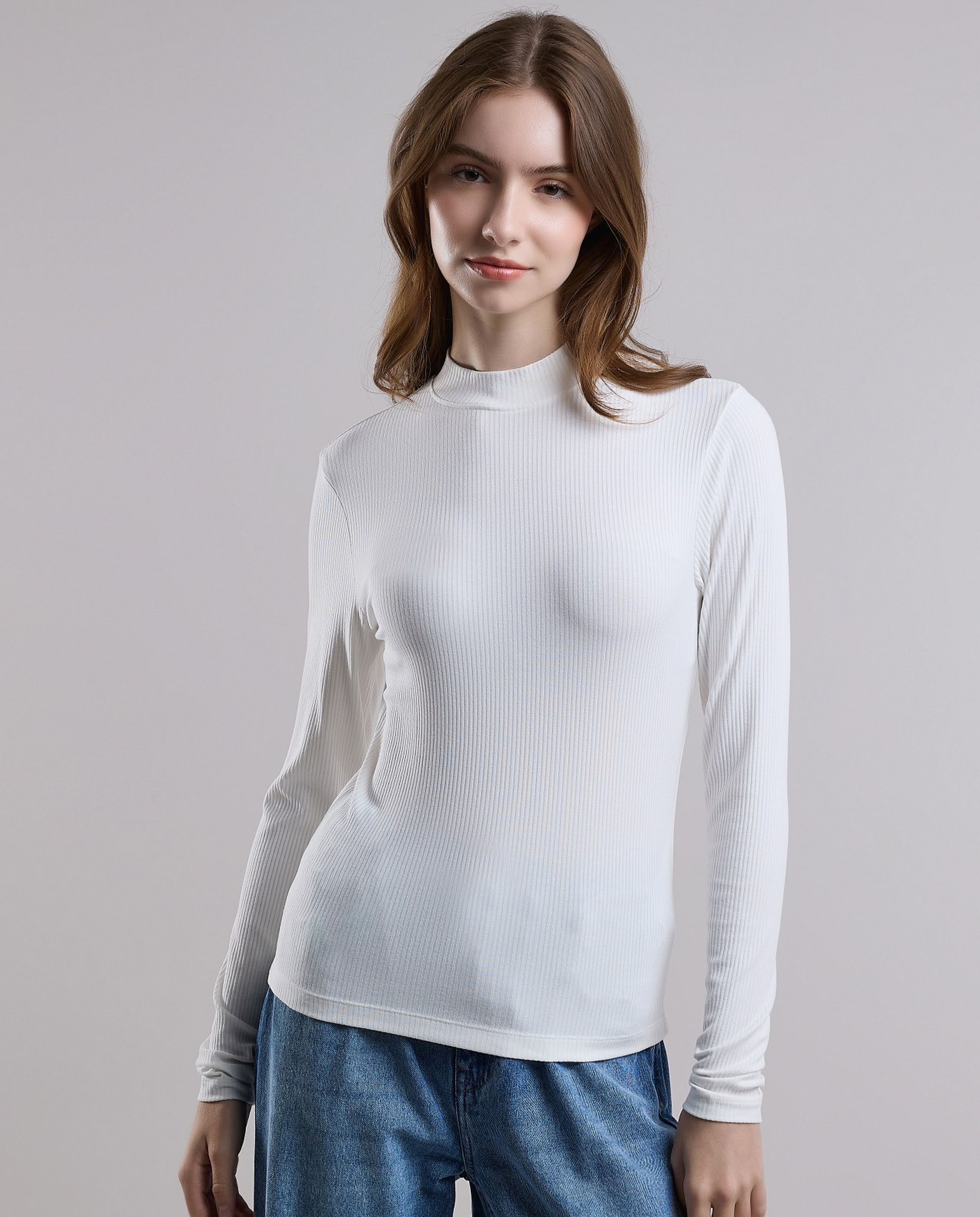Ribbed Top with High Neck and Long Sleeves