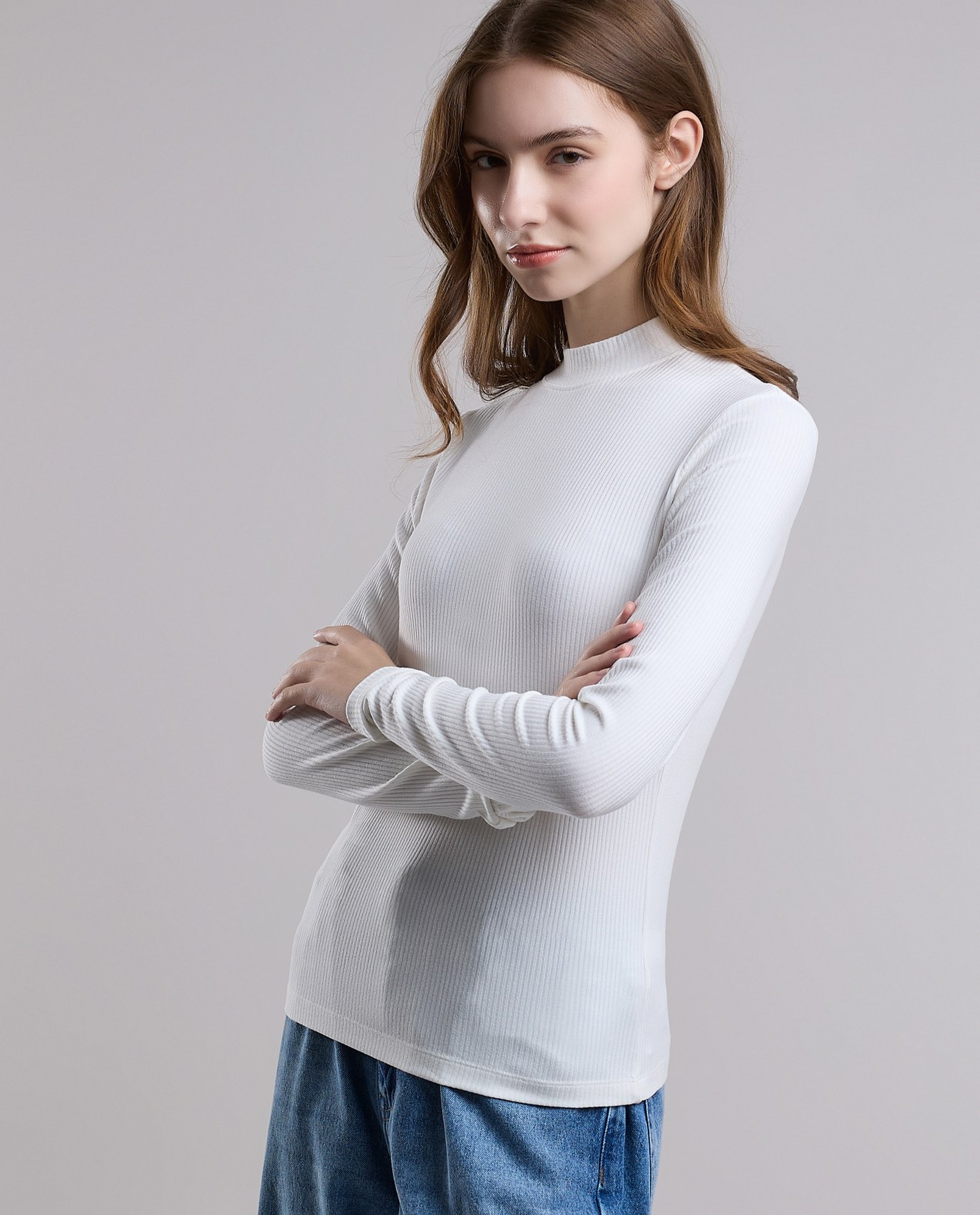 Ribbed Top with High Neck and Long Sleeves