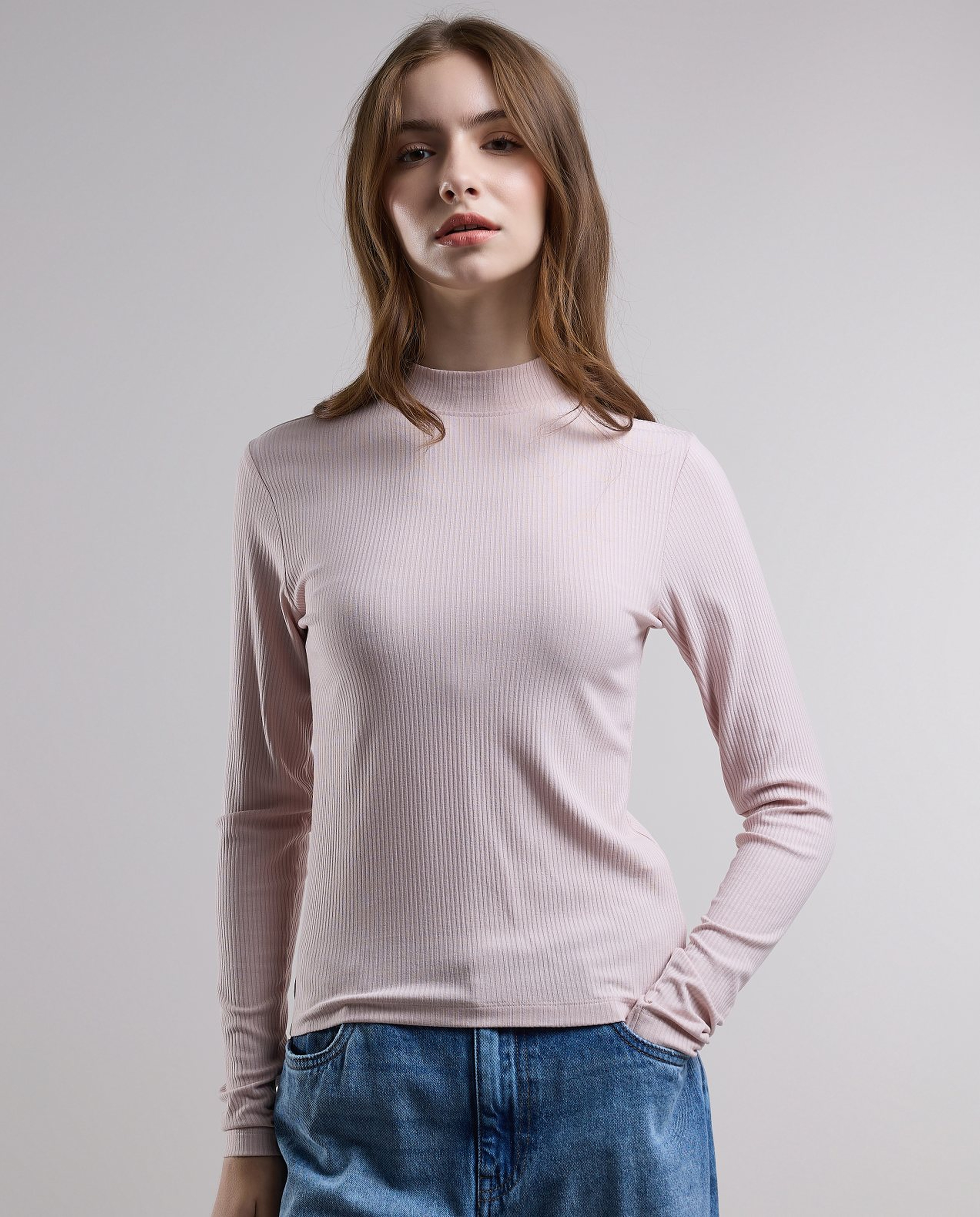 Ribbed Top with High Neck and Long Sleeves