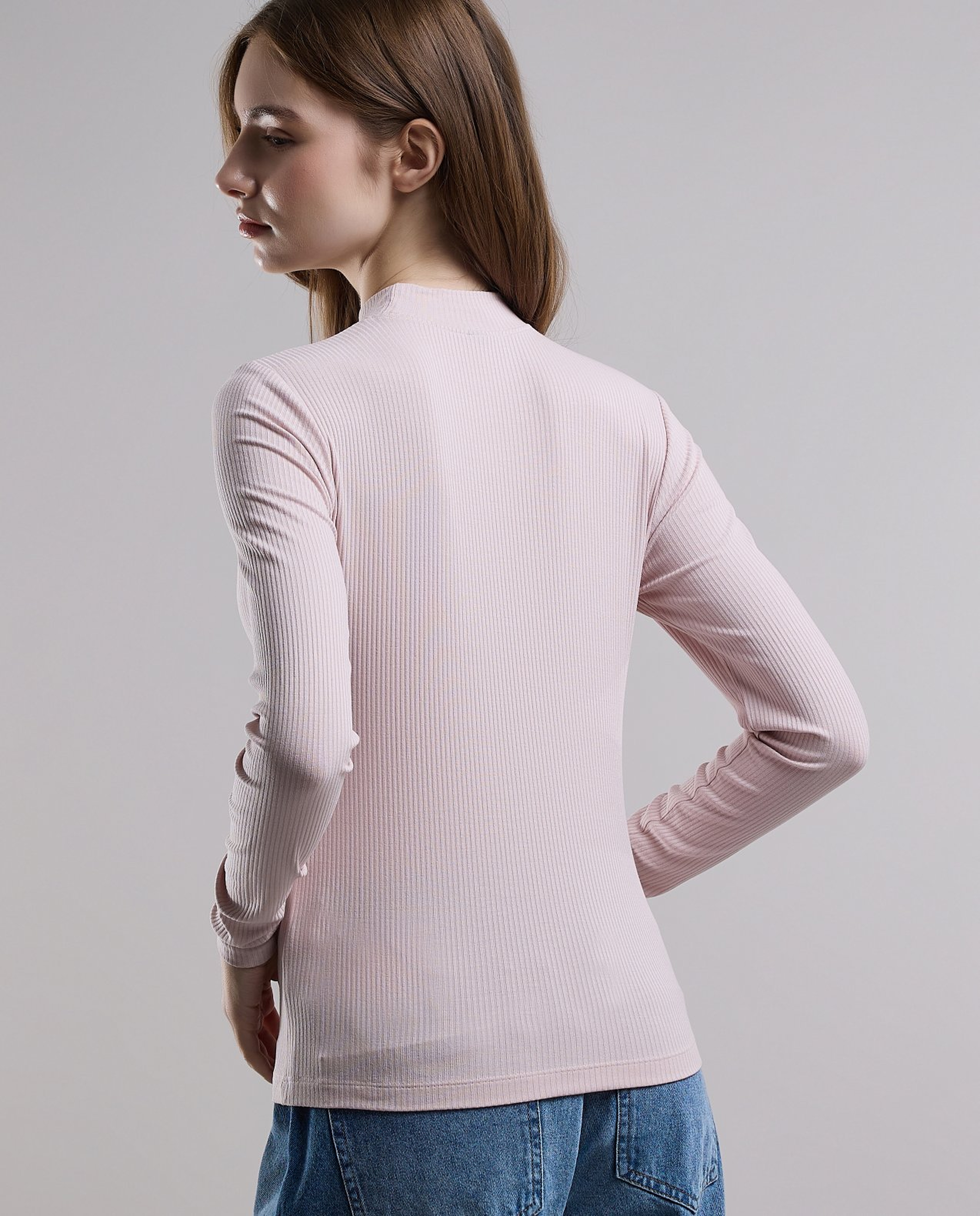 Ribbed Top with High Neck and Long Sleeves