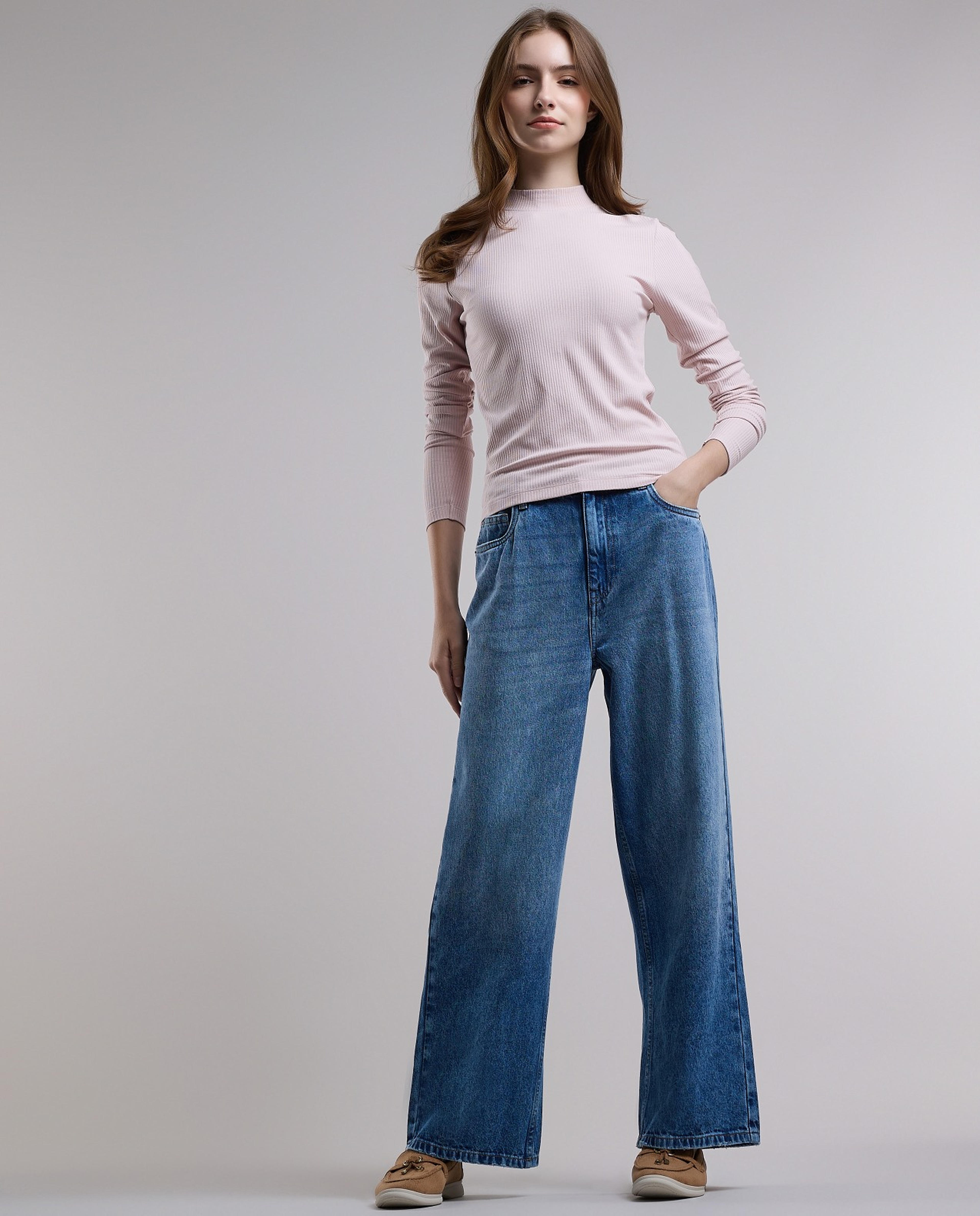 Ribbed Top with High Neck and Long Sleeves