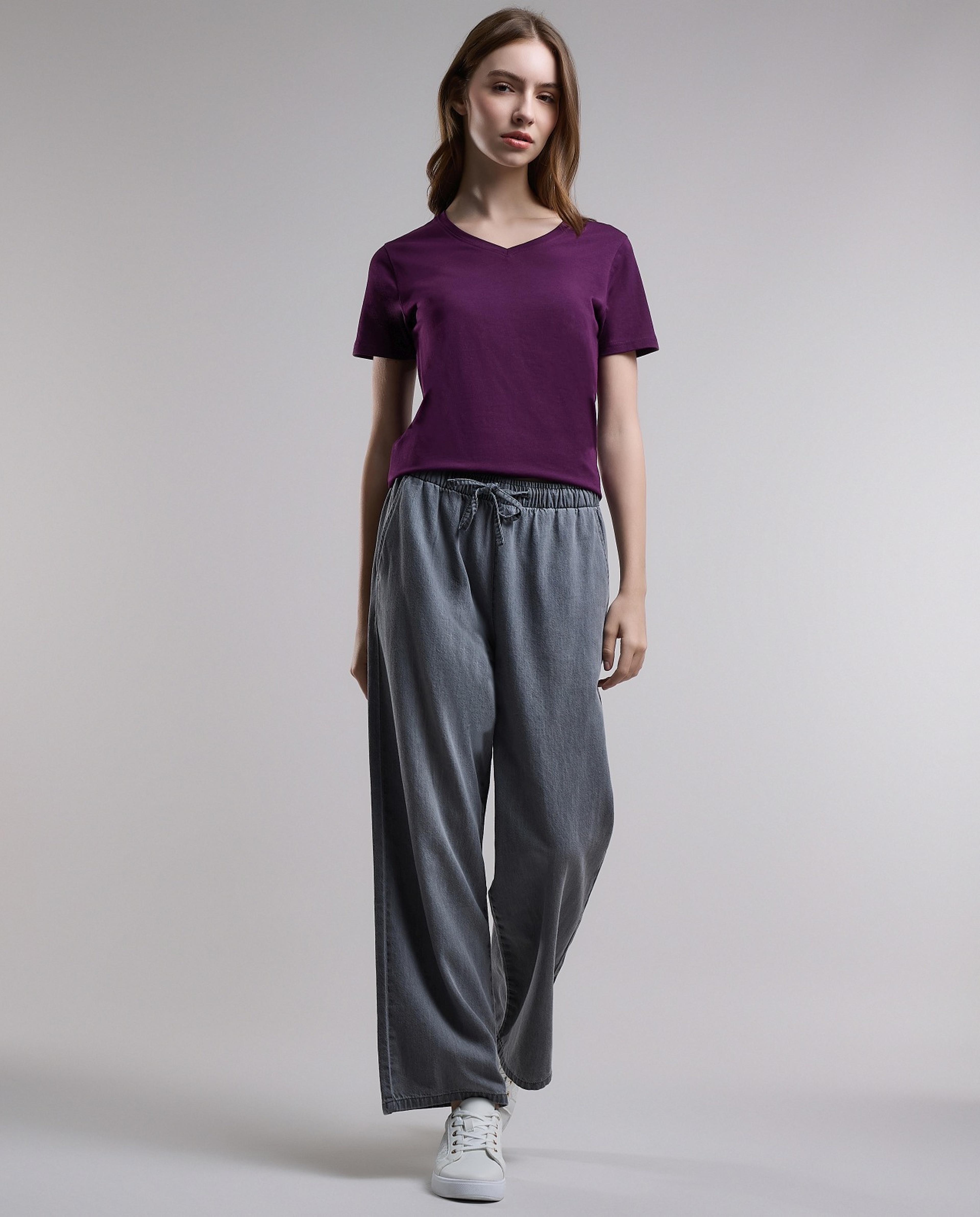 Solid T-Shirt with V-Neck and Short Sleeves