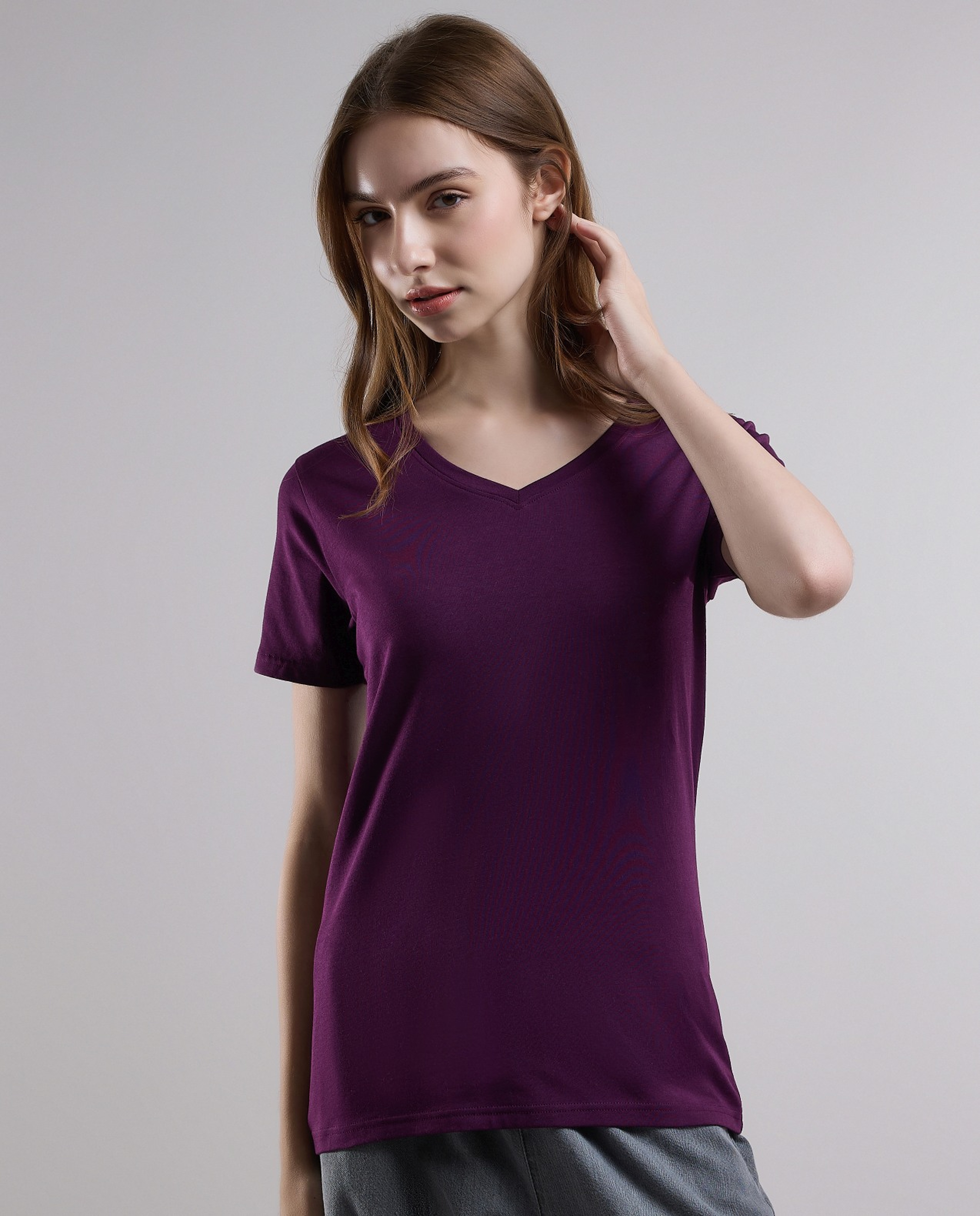 Solid T-Shirt with V-Neck and Short Sleeves