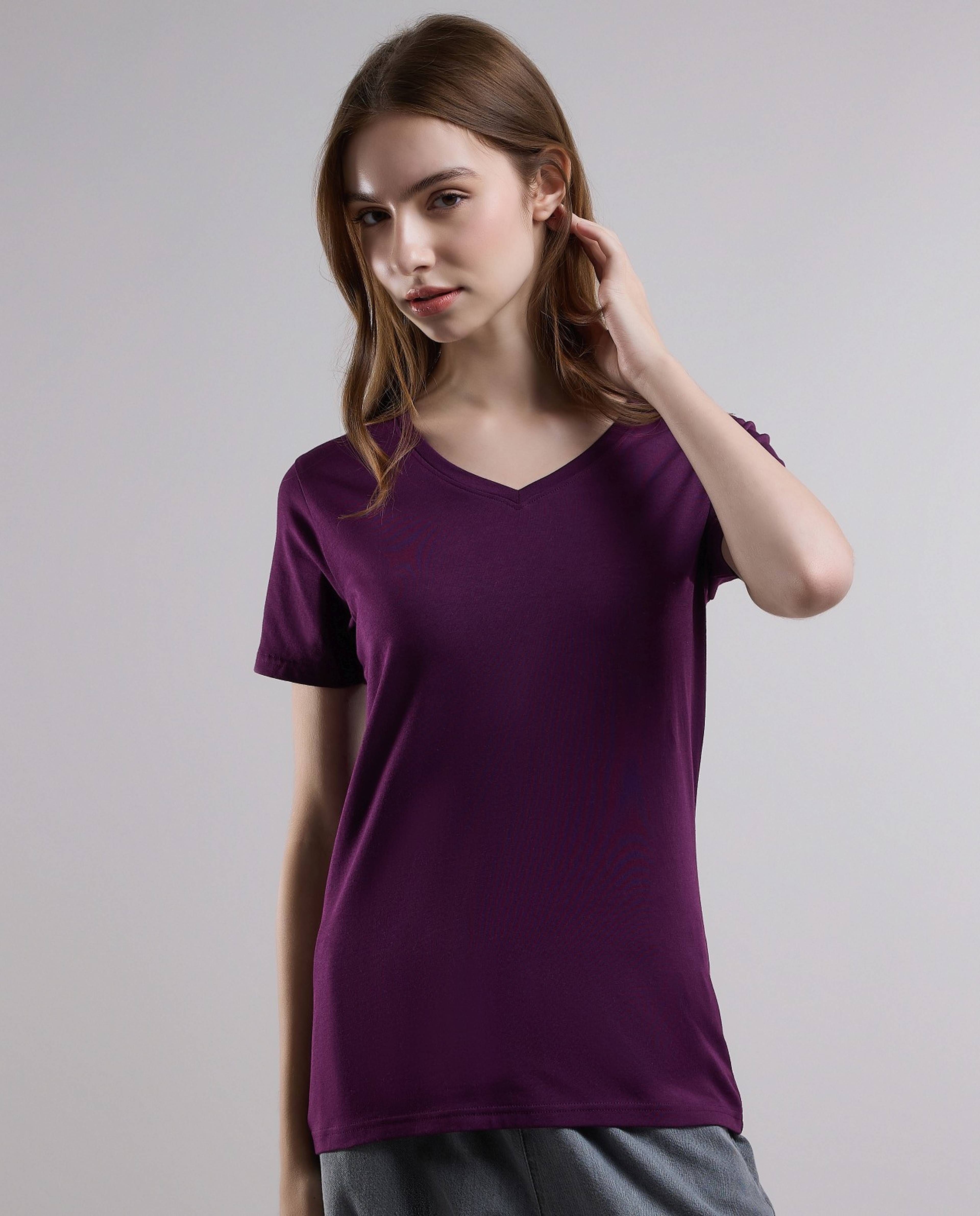 Solid T-Shirt with V-Neck and Short Sleeves