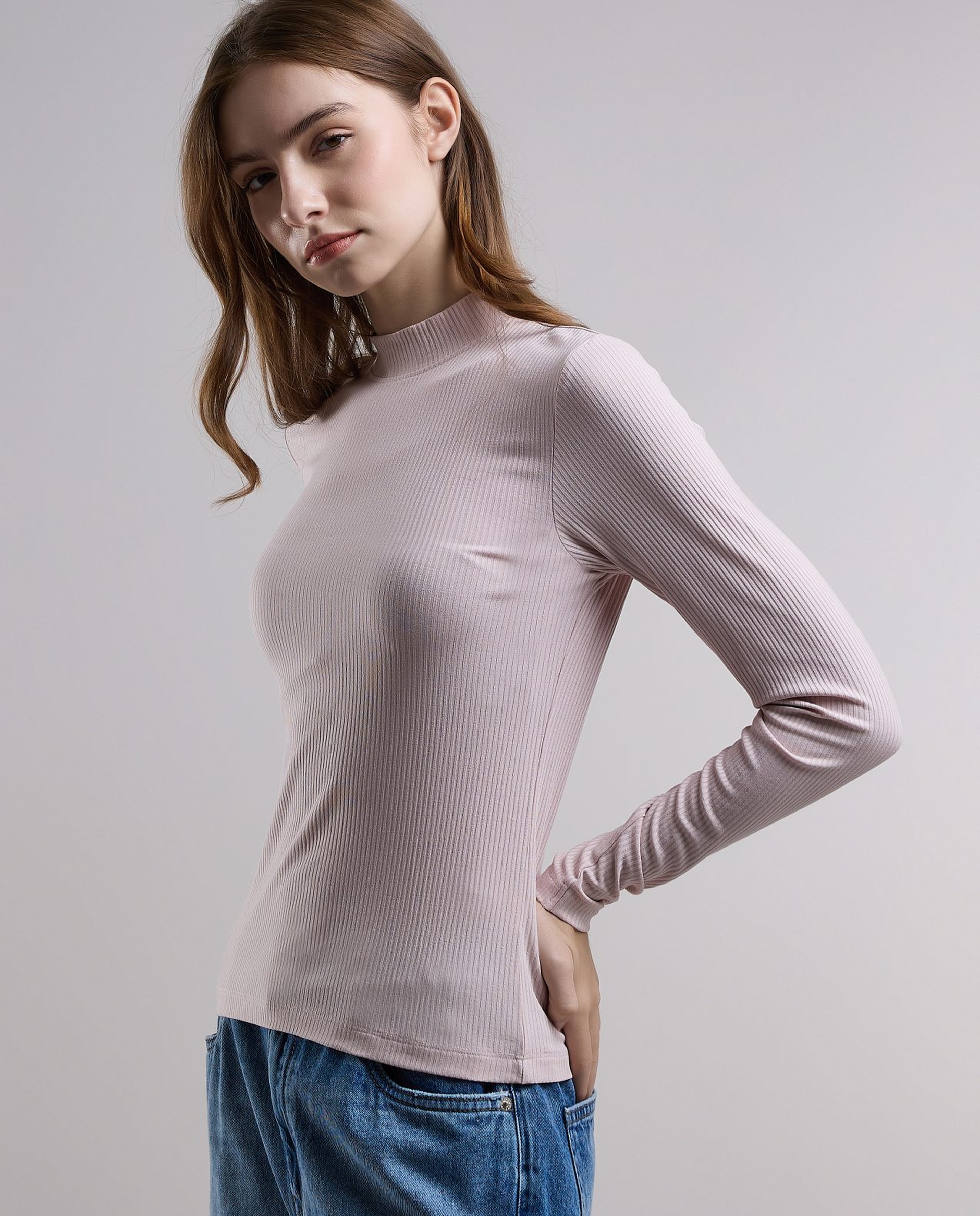 Ribbed Top with High Neck and Long Sleeves