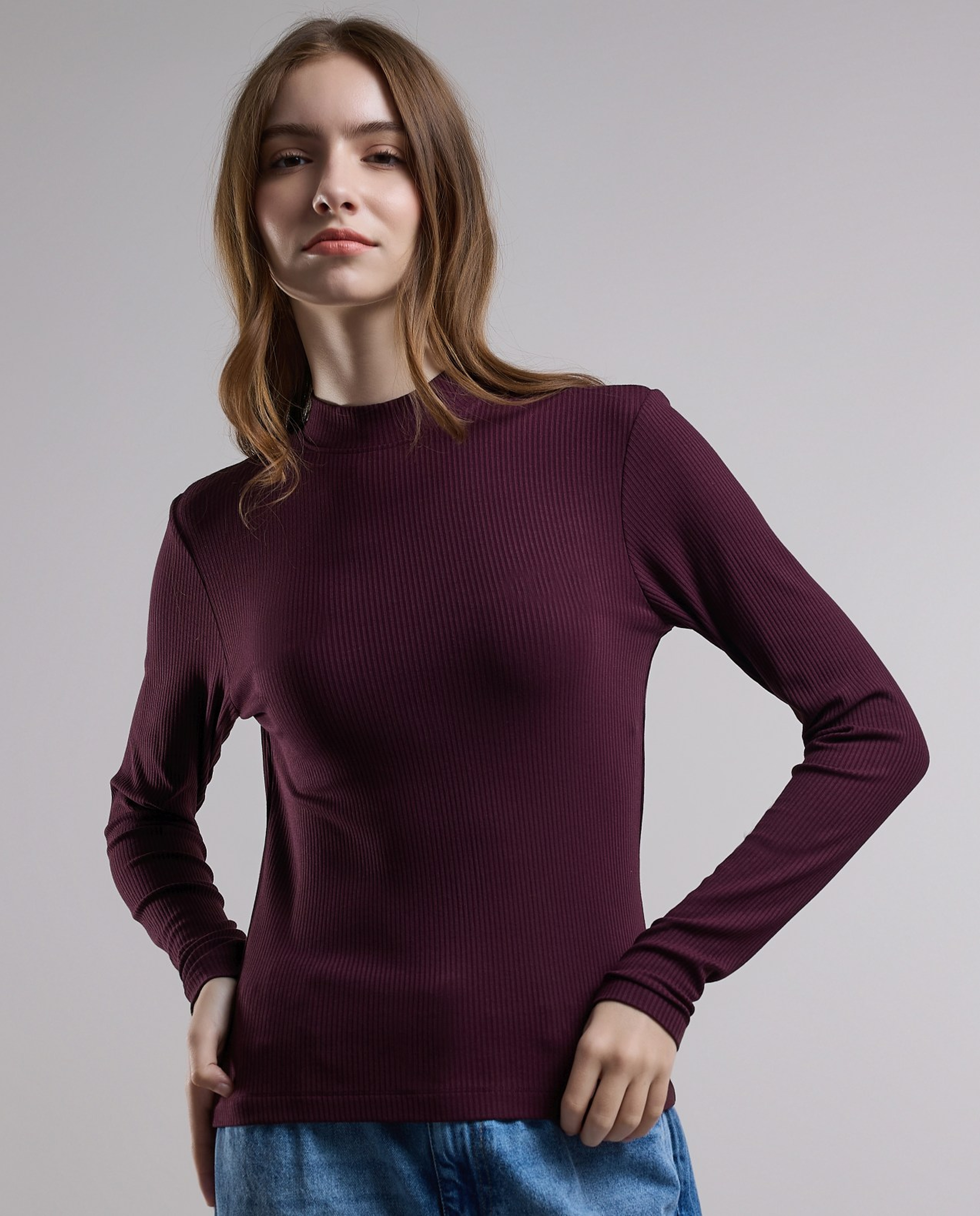 Ribbed Top with High Neck and Long Sleeves