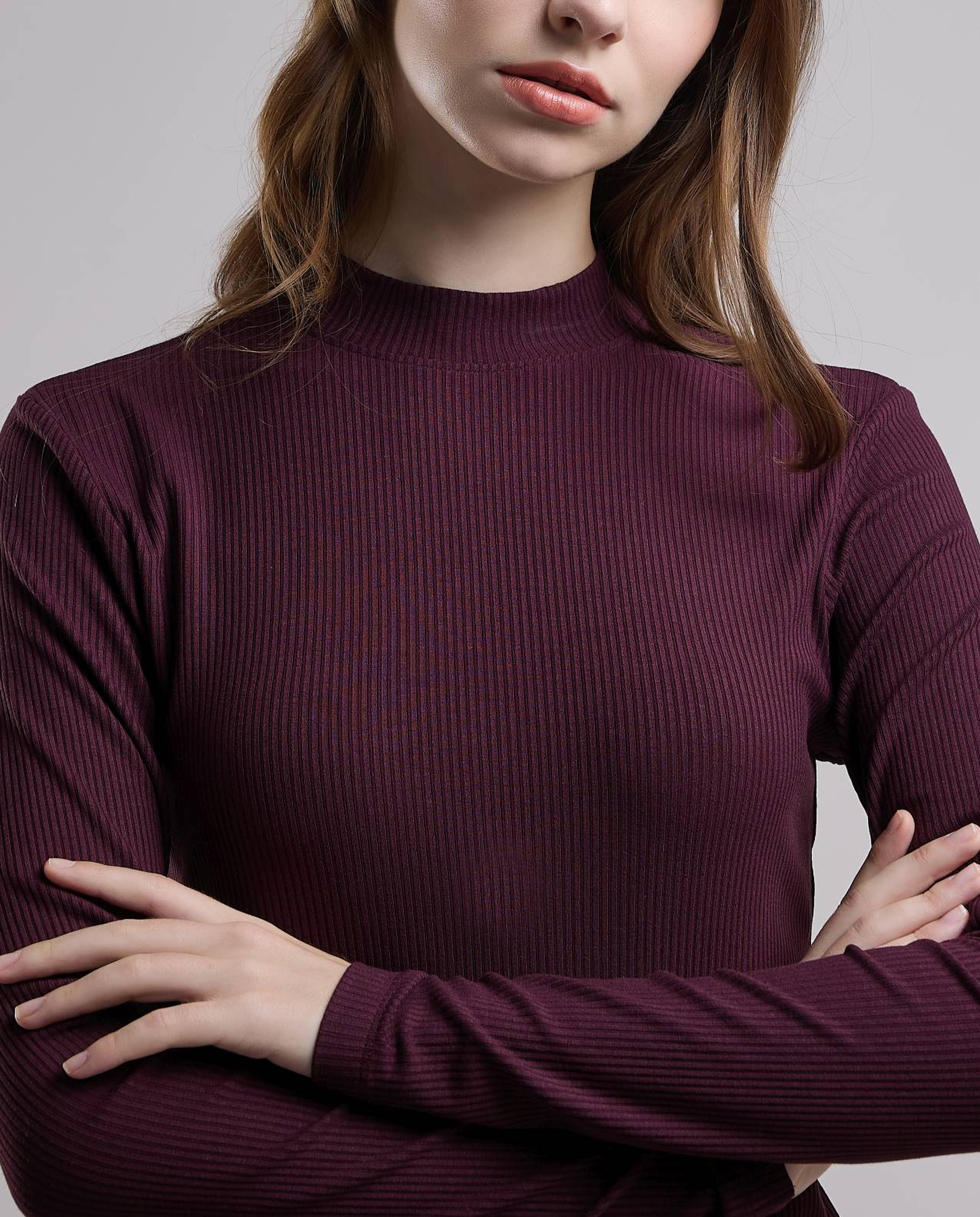 Ribbed Top with High Neck and Long Sleeves