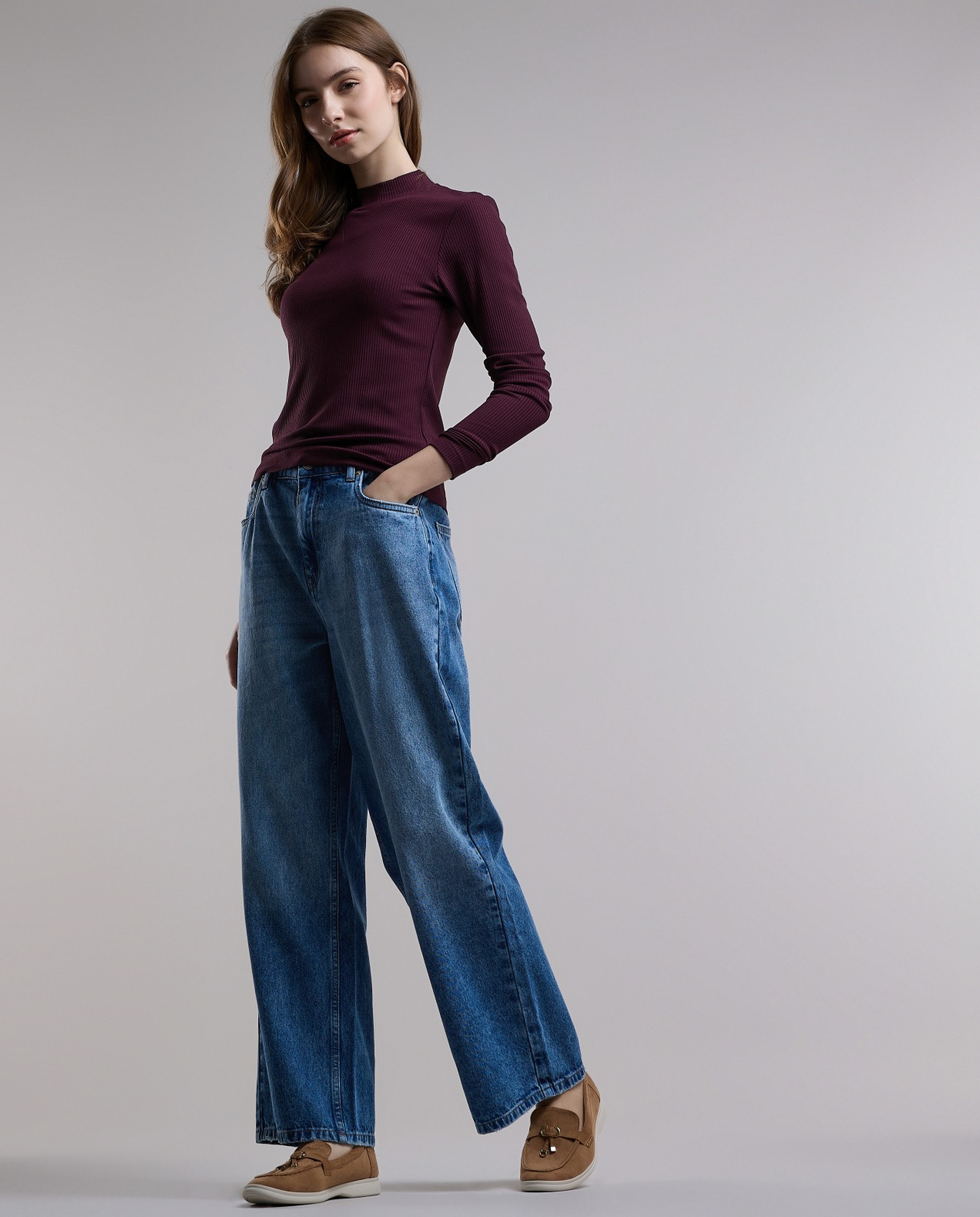 Ribbed Top with High Neck and Long Sleeves