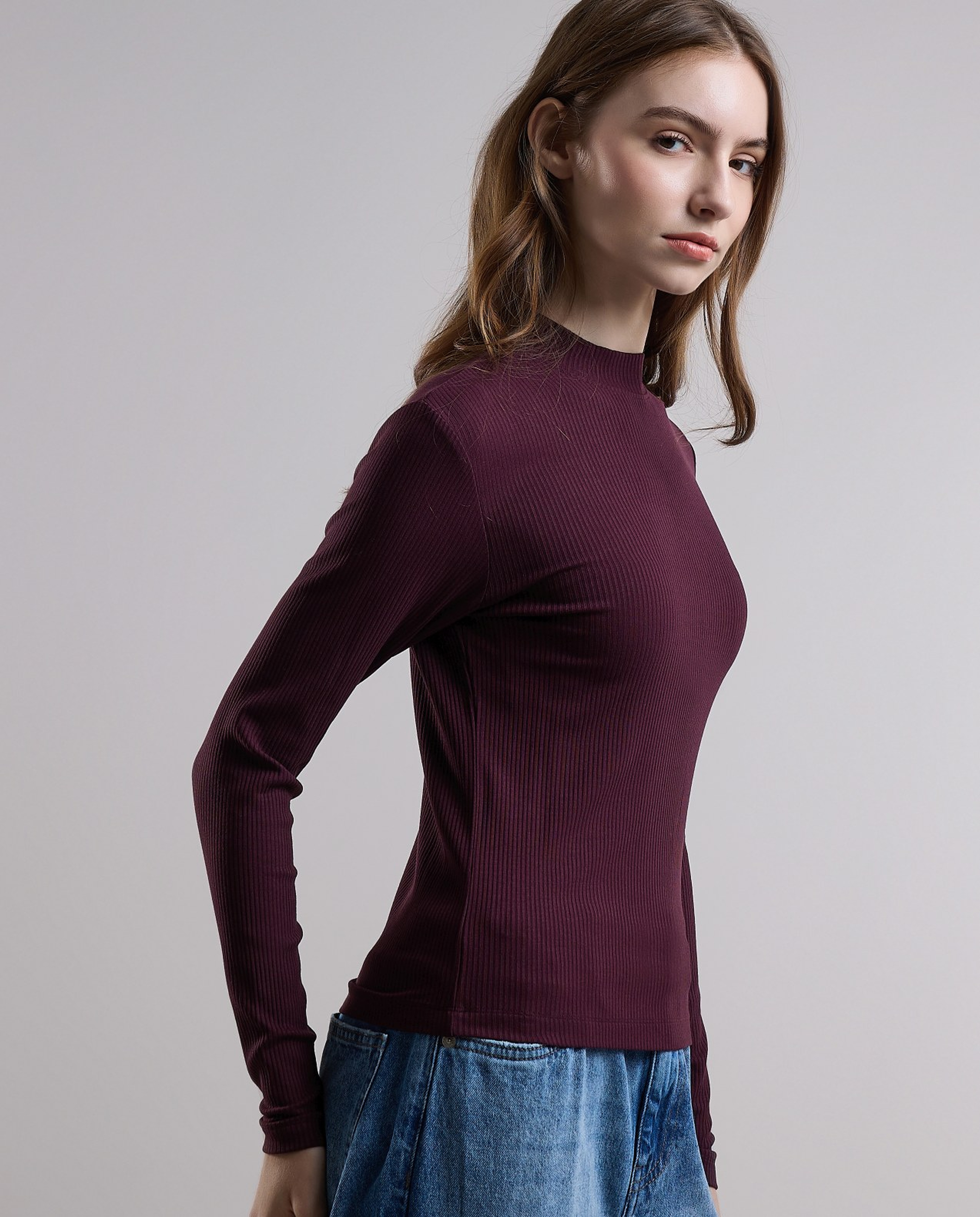 Ribbed Top with High Neck and Long Sleeves