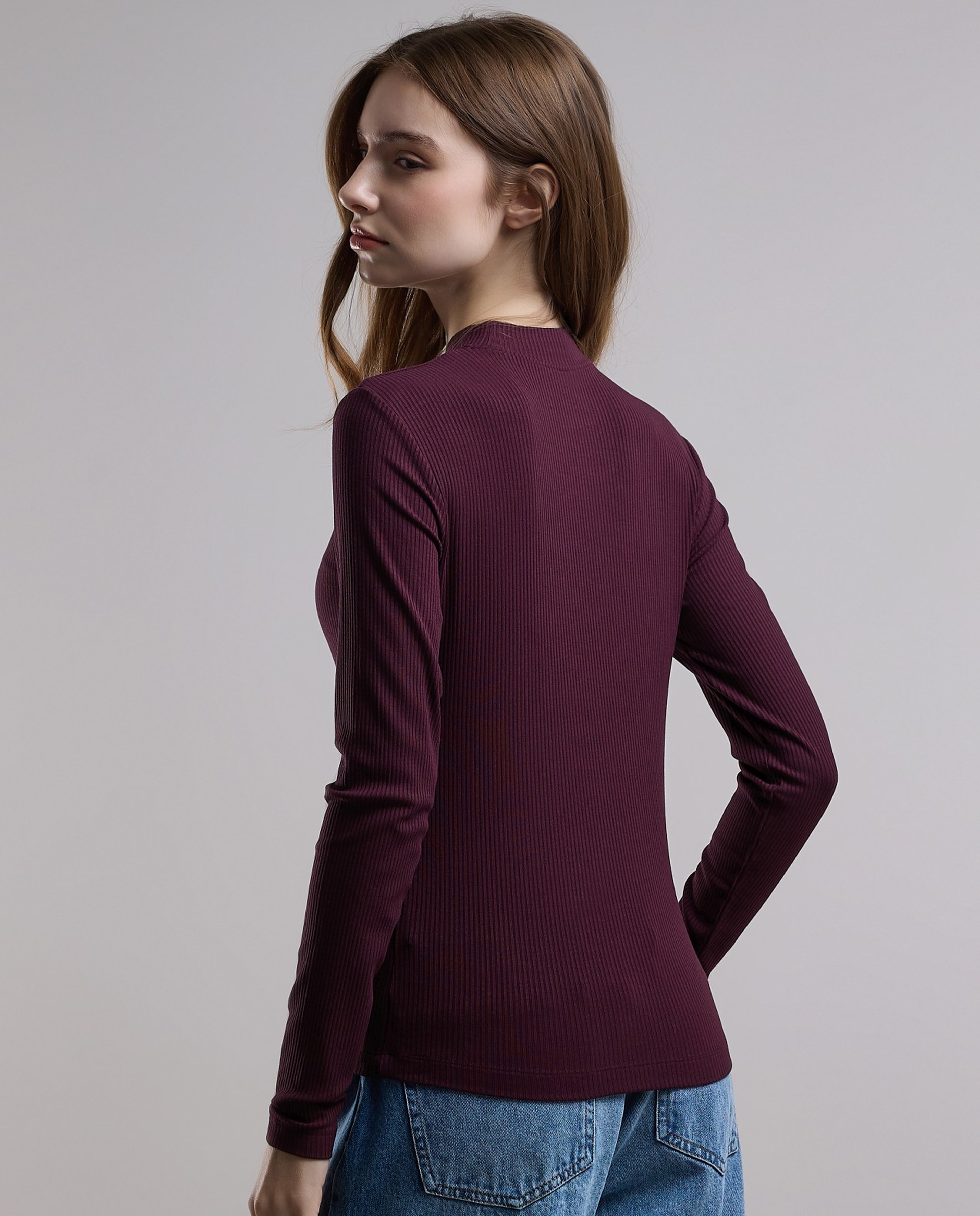 Ribbed Top with High Neck and Long Sleeves