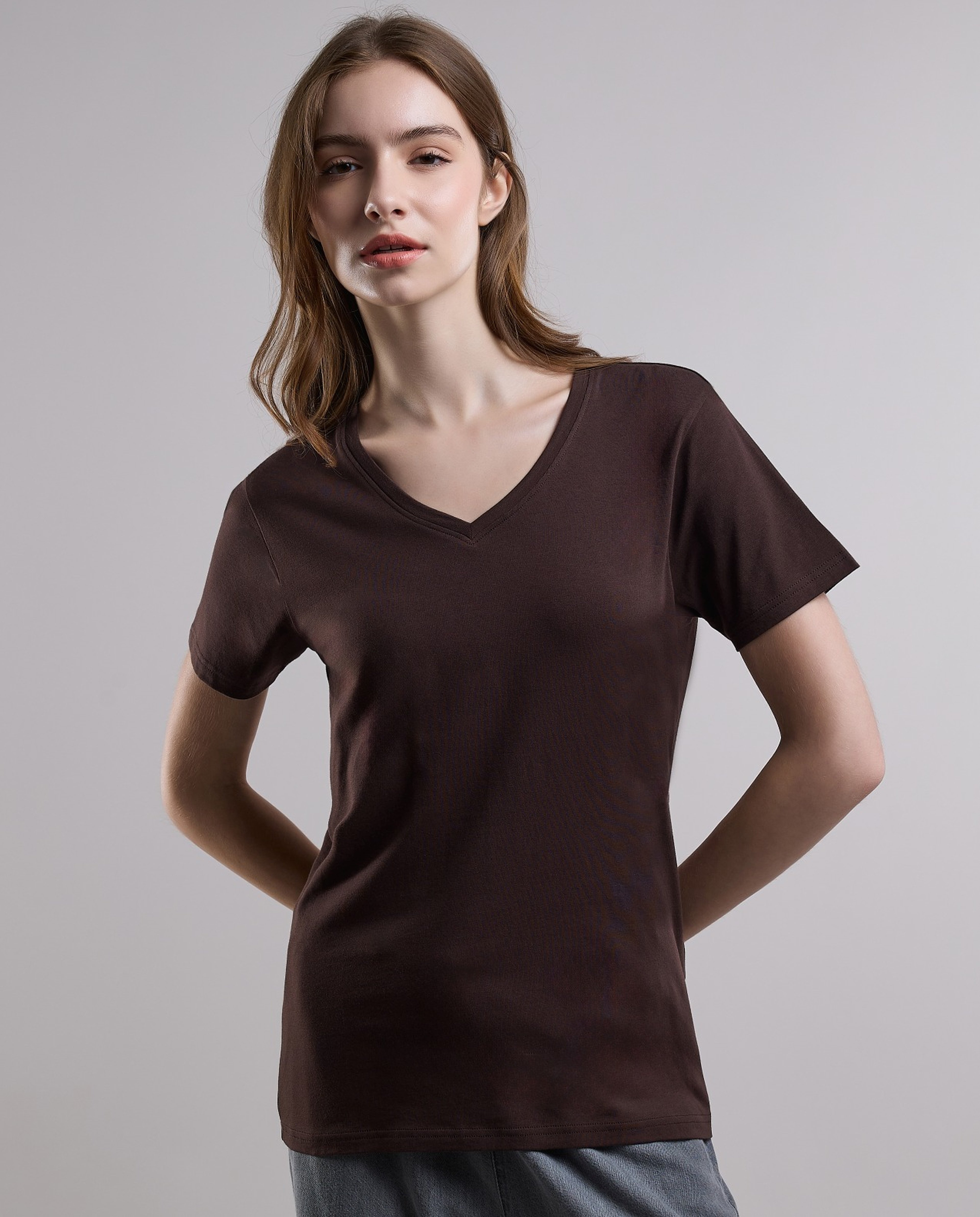 Solid T-Shirt with V-Neck and Short Sleeves