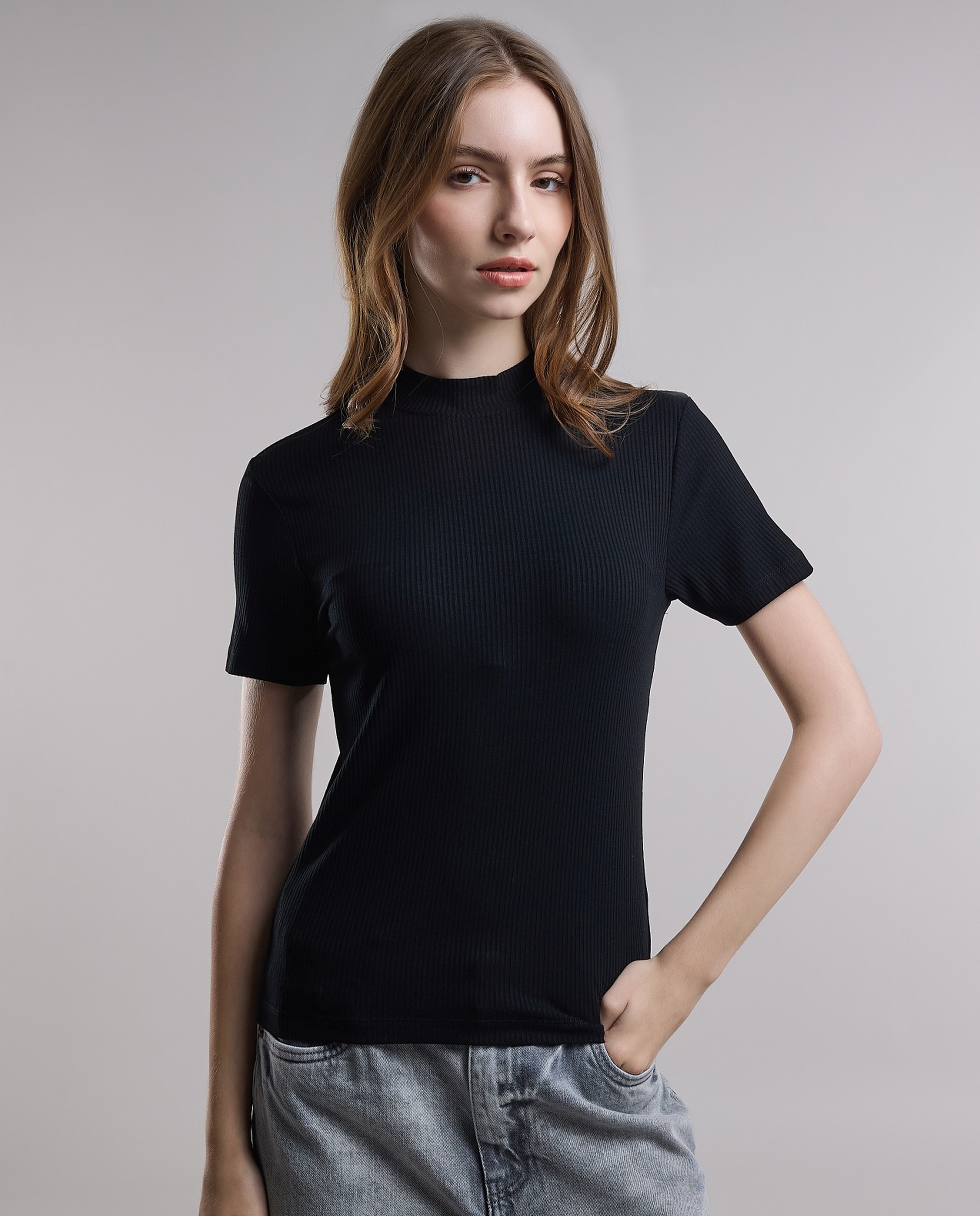 Ribbed Top with High Neck and Short Sleeves