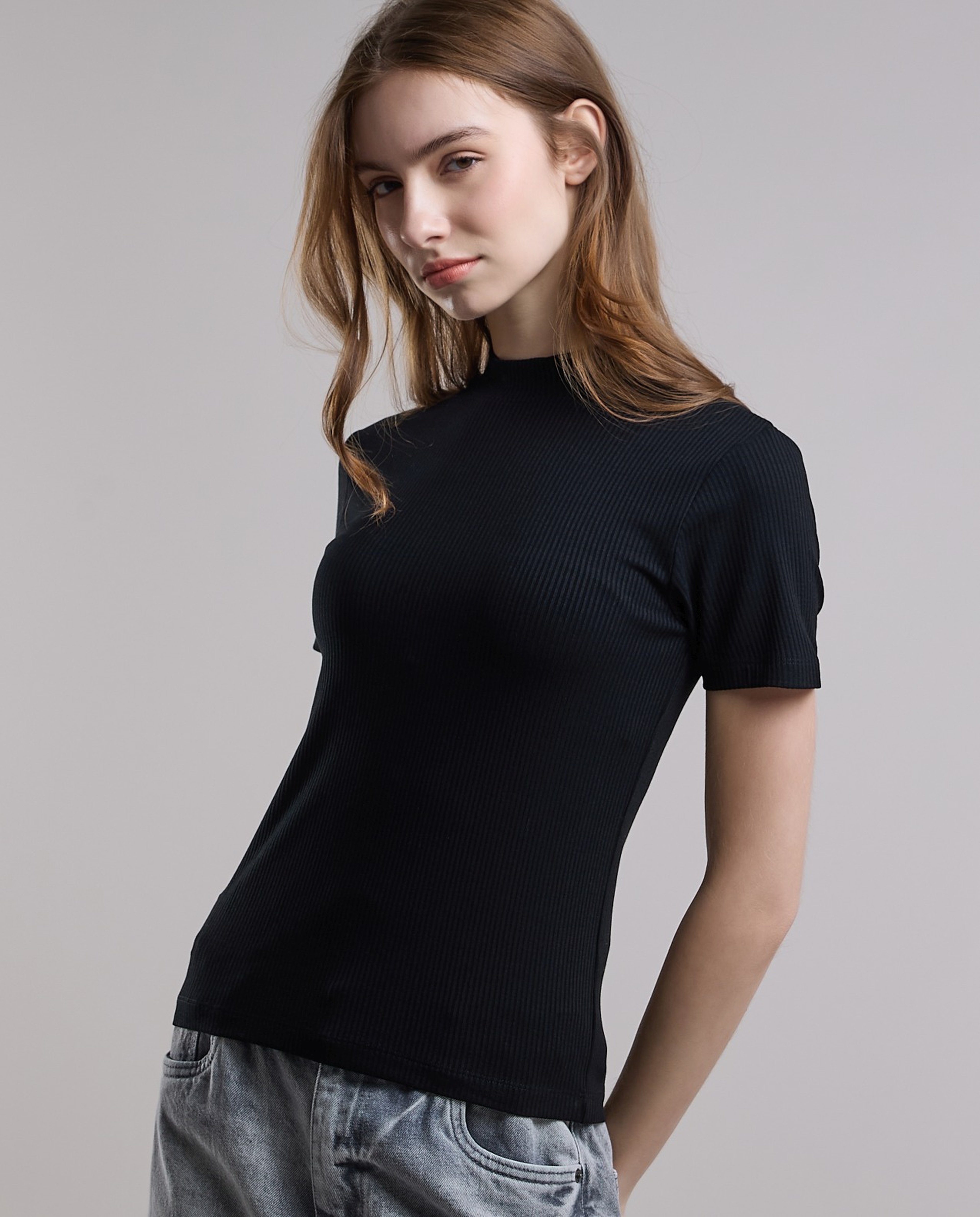 Ribbed Top with High Neck and Short Sleeves