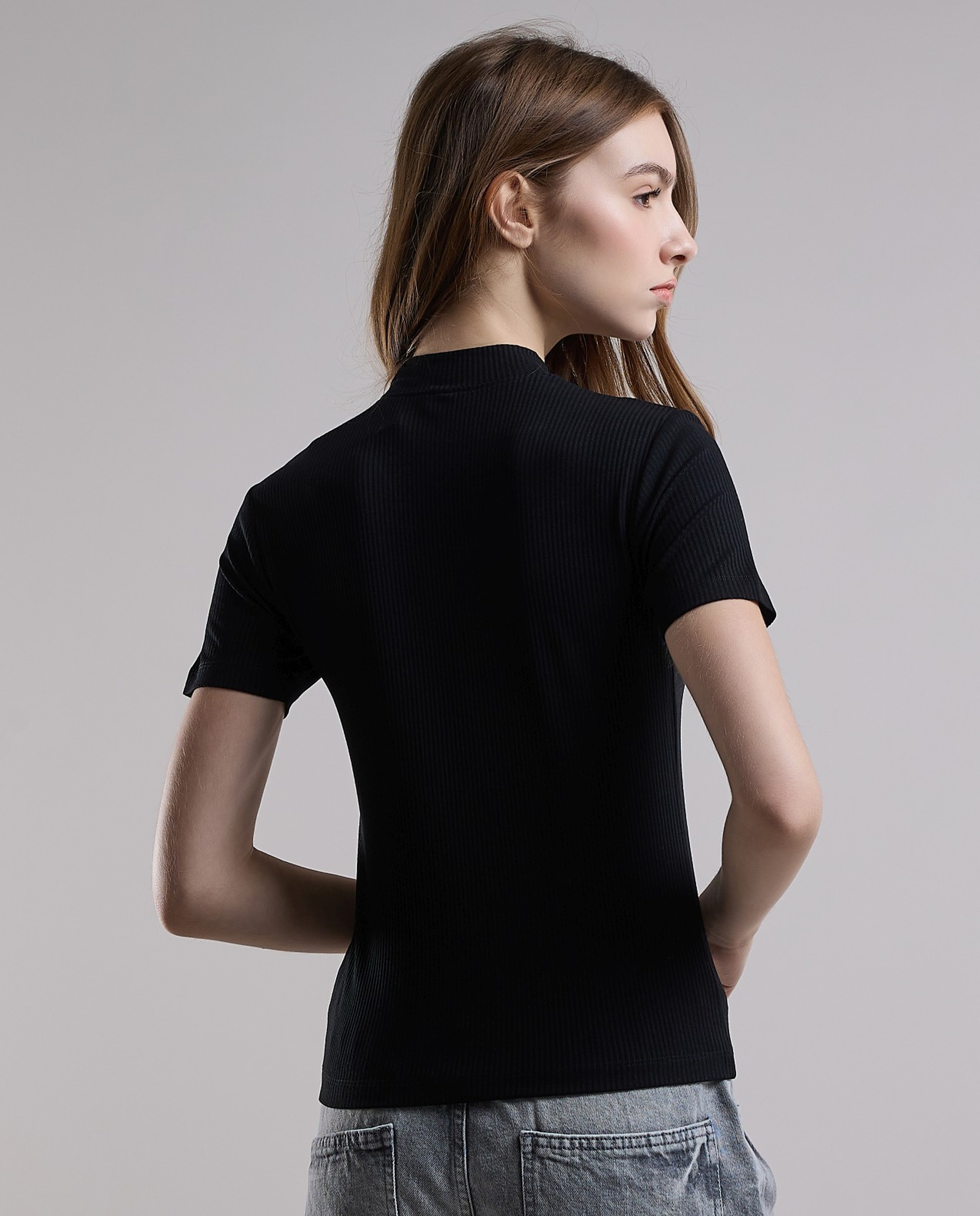 Ribbed Top with High Neck and Short Sleeves