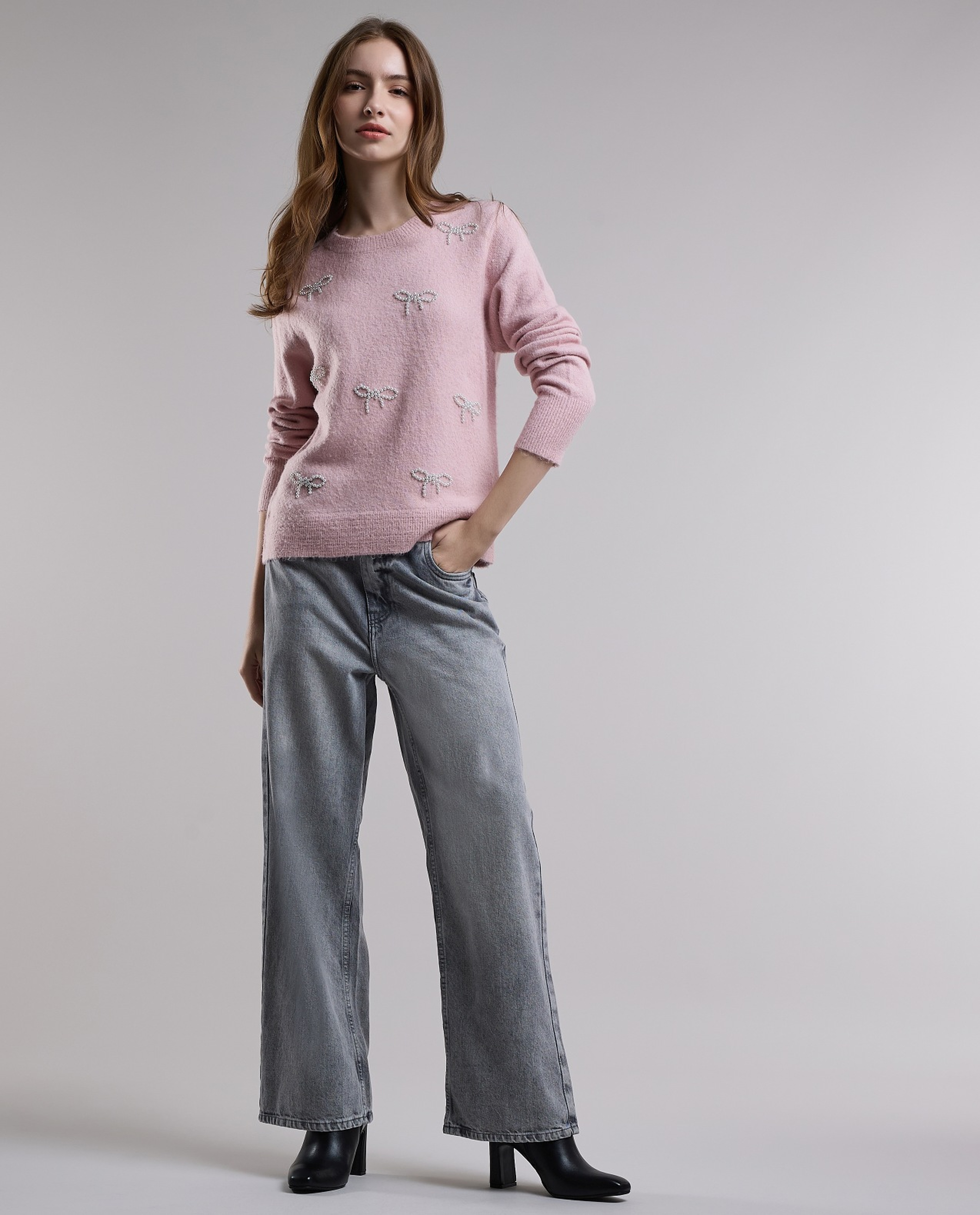 Embellished Sweater with Crew Neck and Long Sleeves