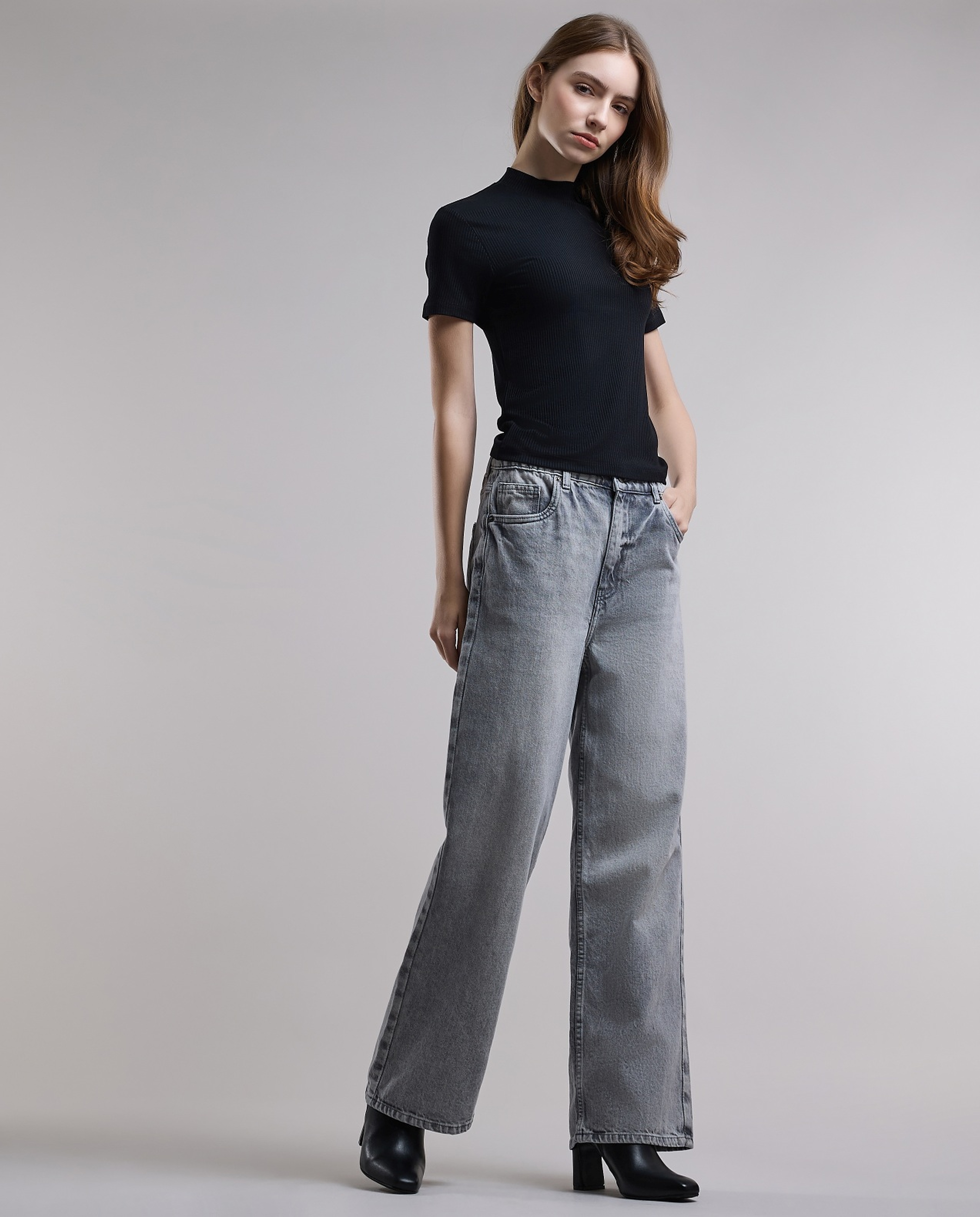 Ribbed Top with High Neck and Short Sleeves