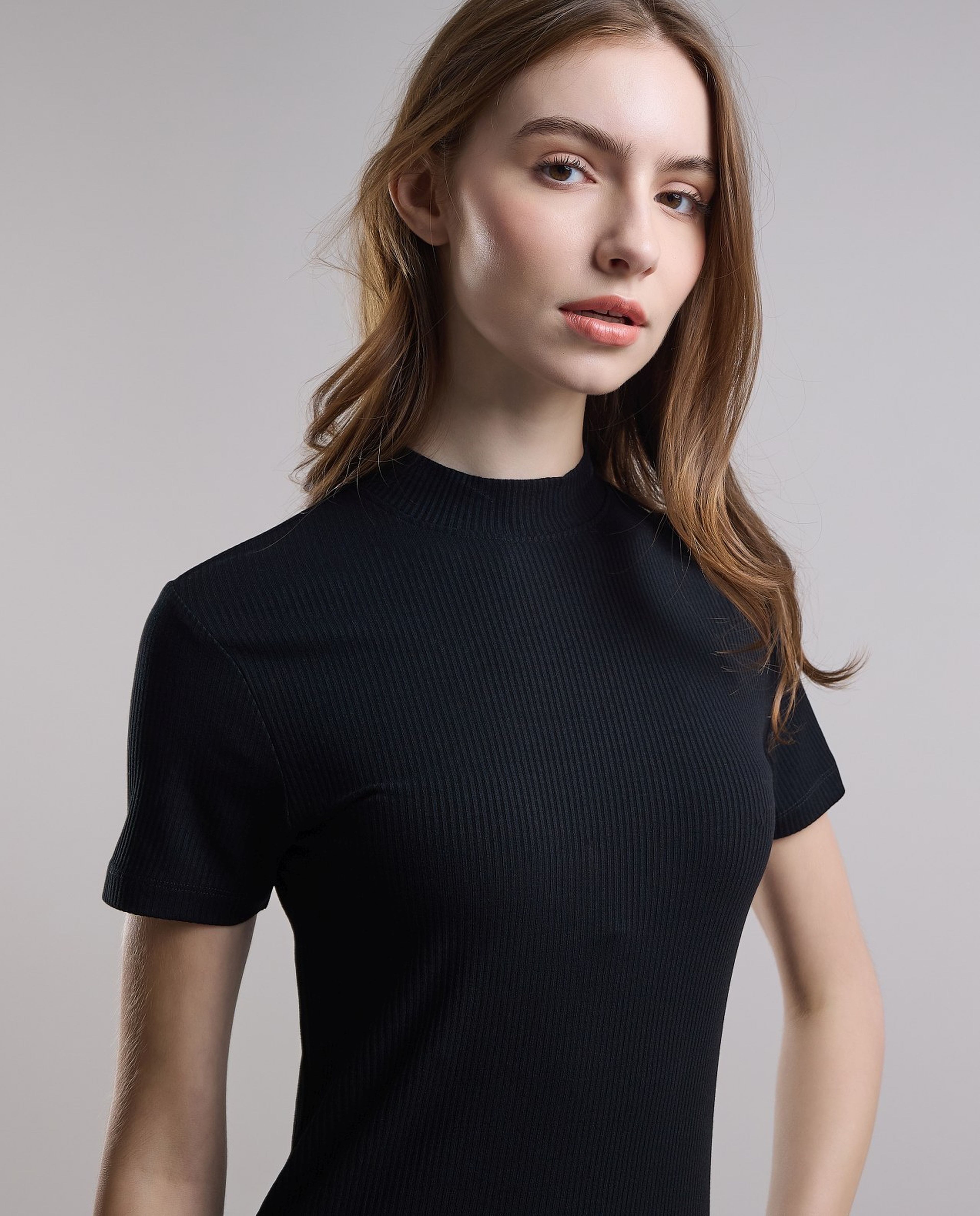Ribbed Top with High Neck and Short Sleeves