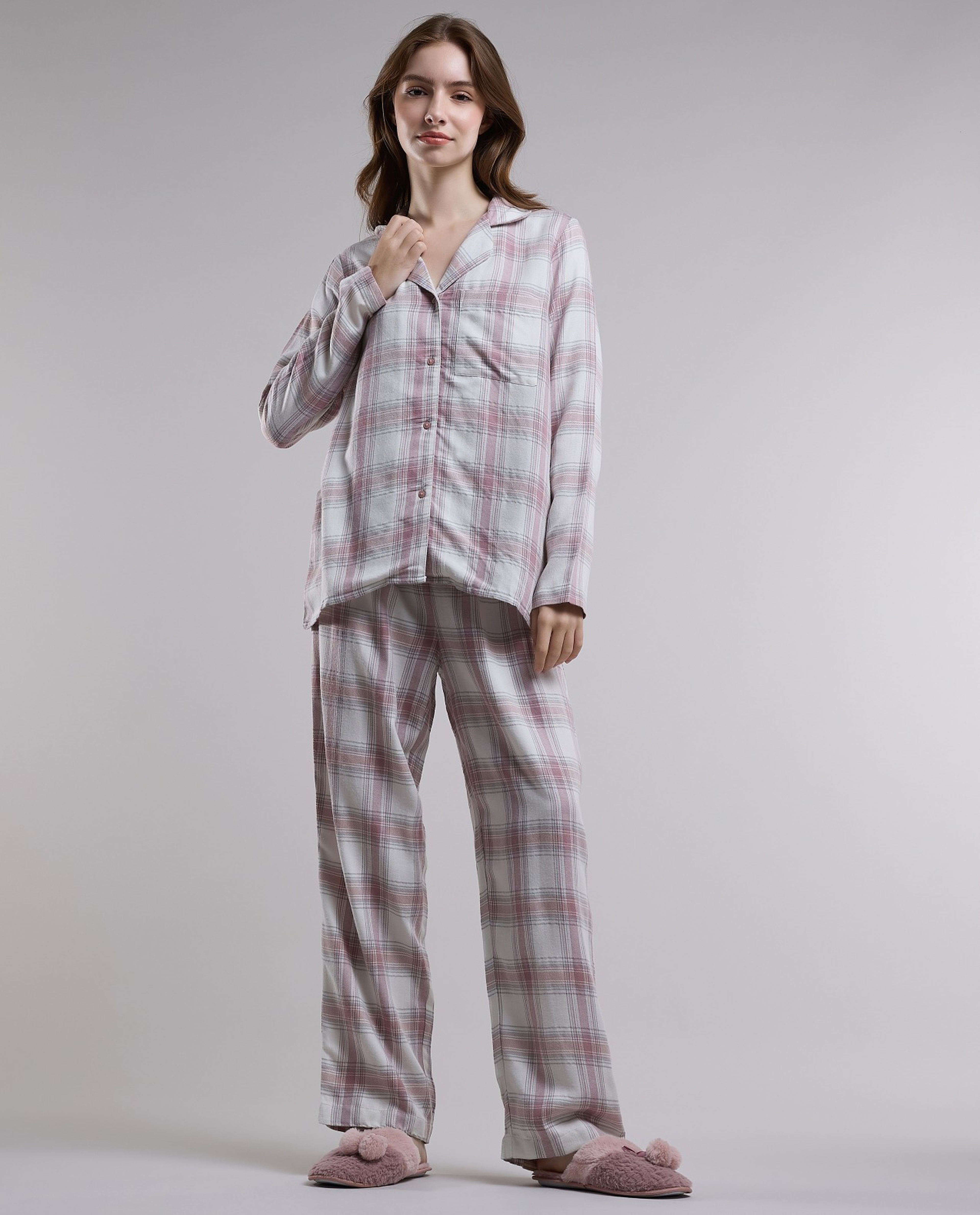 Plaid Lapel Collar Pyjama Set