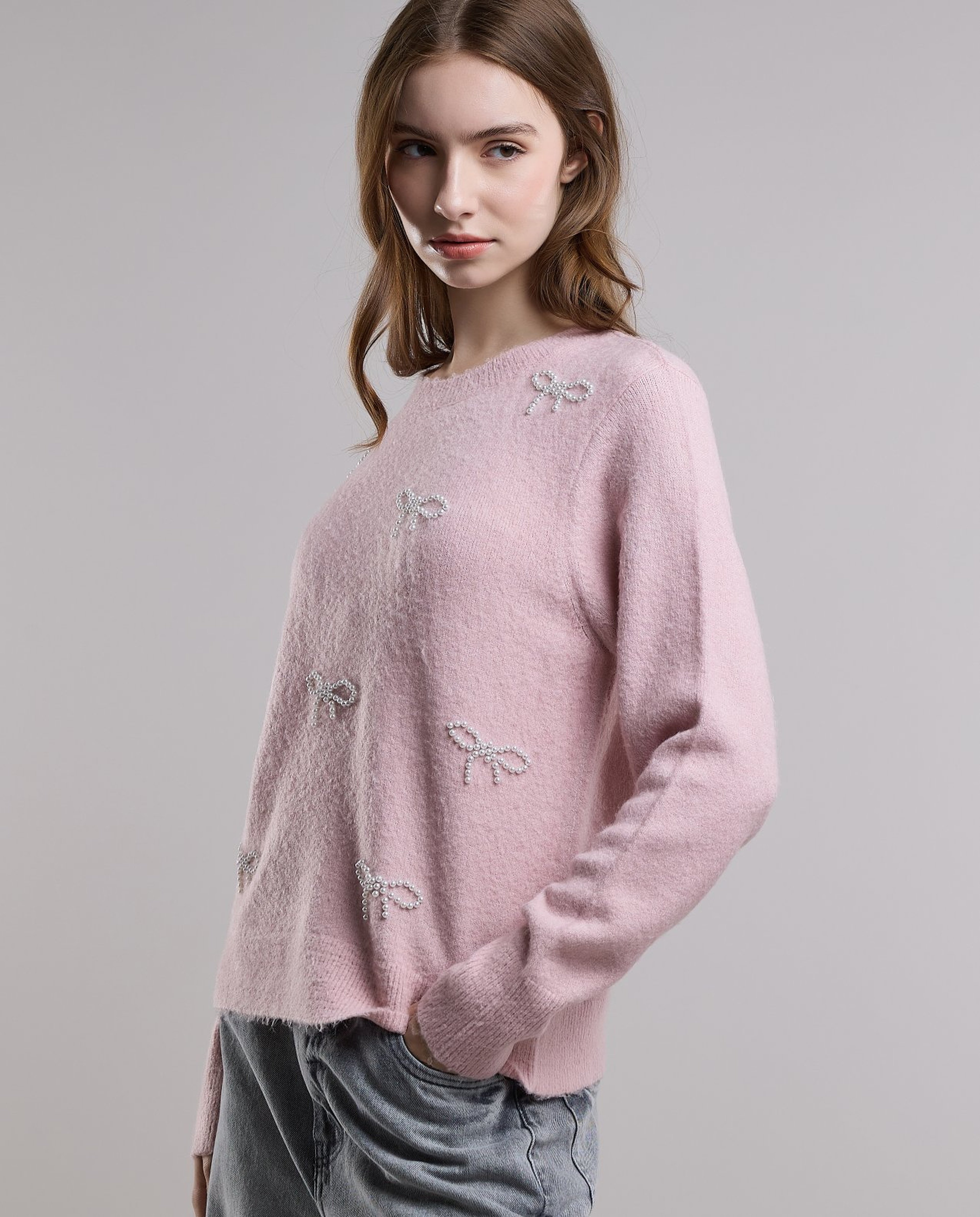 Embellished Sweater with Crew Neck and Long Sleeves